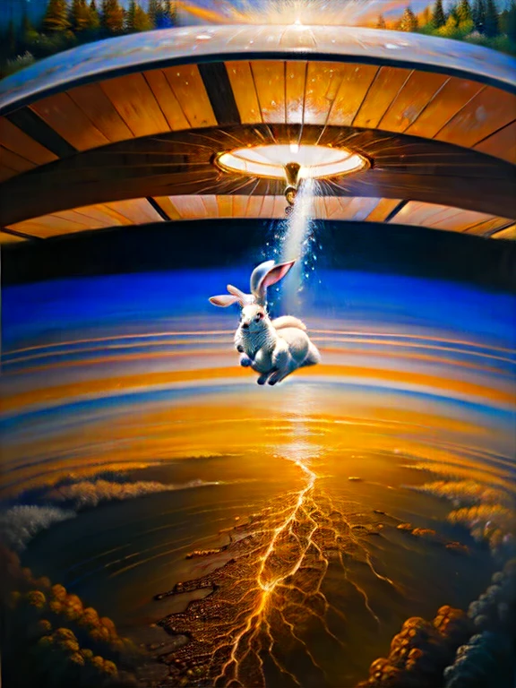 (very detailed oil painting:1.2),Contemporary Art、flying saucer、Lots of rabbits