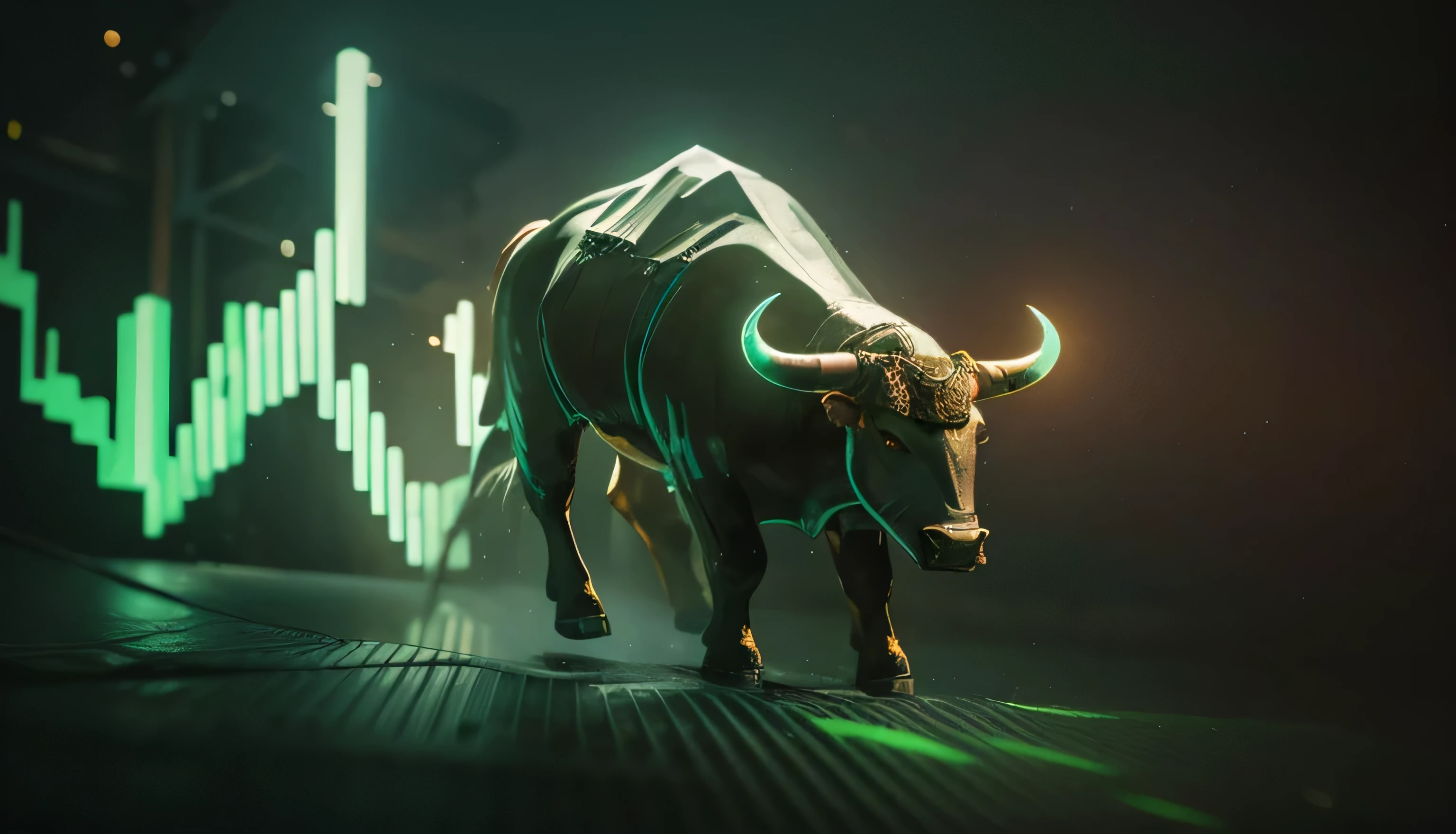 a close up of a bull with a glowing horn on its head, hyper bullish, bull, trading, shockwaves are coming out, an ox, 🚀🚀🚀, trending on markets, crypto, traders, buffalo, trending ,, symmetrical, looking partly to the left, taurus, by Emma Andijewska, photo render, moon bull samurai, minotaur