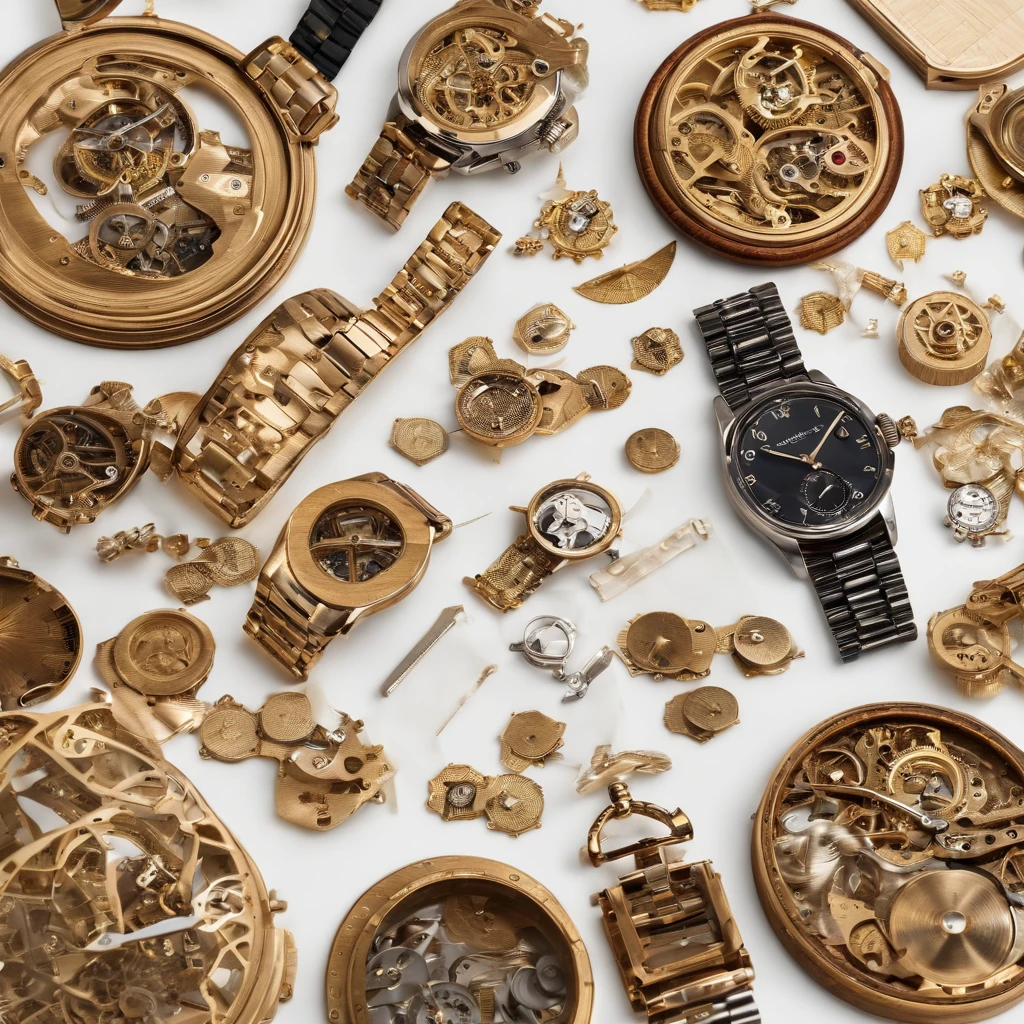 generate an image of a luxury watch completely disassembled with the pieces together on a wooden table white background