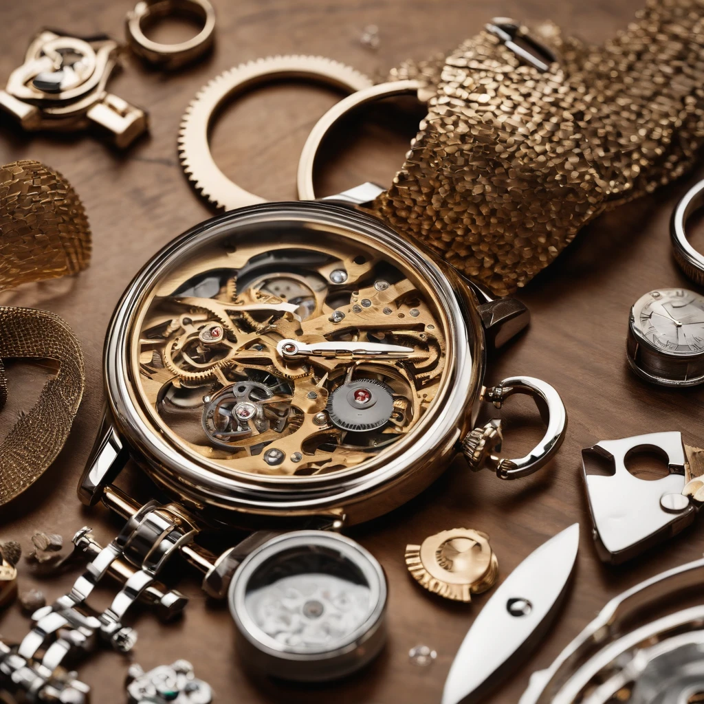 generate an image of a luxury watch completely disassembled with the pieces together on a wooden table white background
