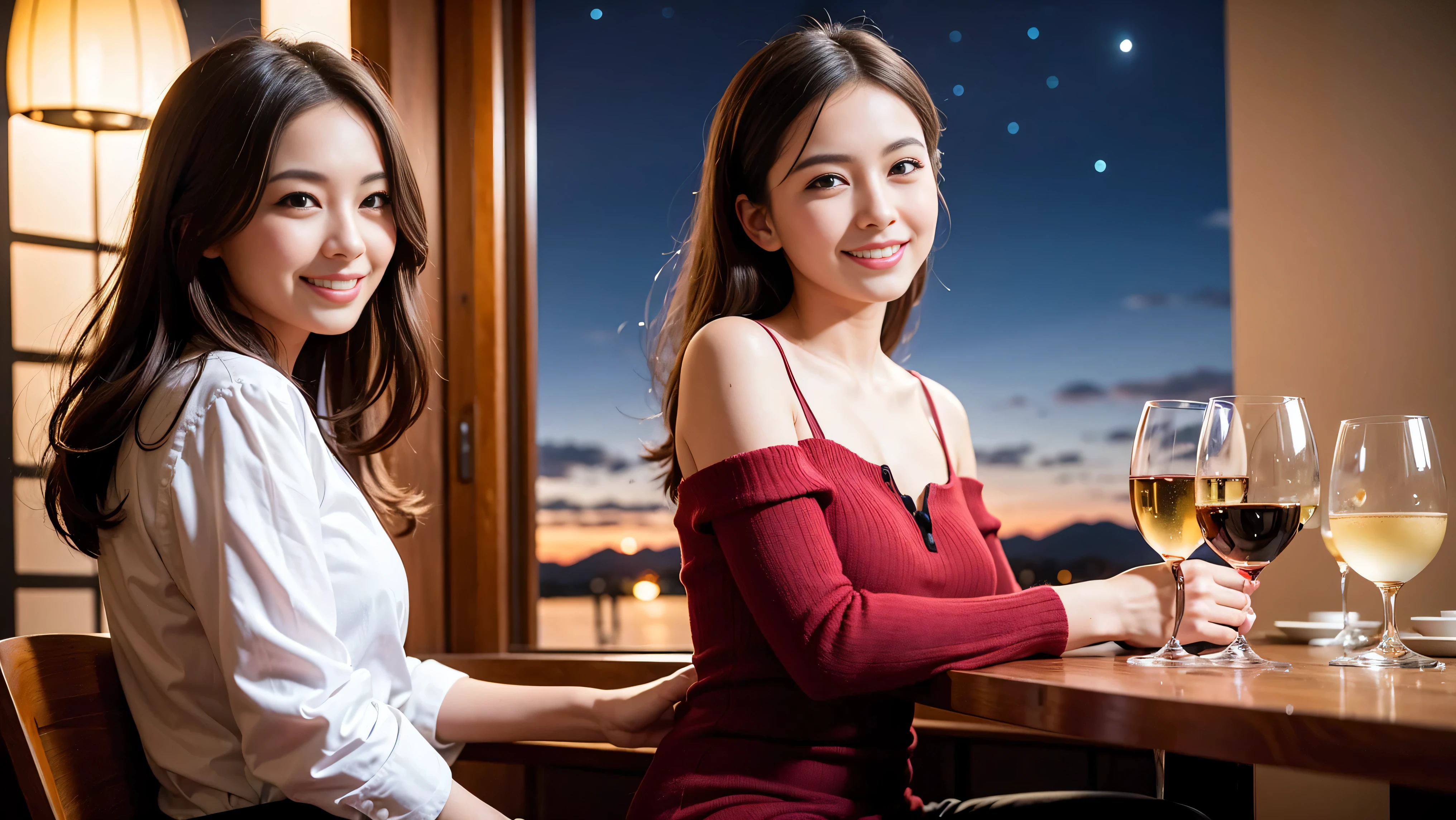 (K UHD, nffsw, highest quality, table top: 1.2), (realistic, realistic: 1.37), Spectacular view of the sunset sky and clouds、Amazing mountain views、A bright smile、A lovely woman with a smile、that woman&#39;bright face、Fox face、lady、wine 、Appetizer、Italian food、two beauties、brown hair、shortcut、long sleeve shirt、winter fashion、dress、Japanese、Englishman、Dutch、German、Belgian、Italian、French,Wine Bottle、Appetizer、Champagne、Sparkling wine、Pretty Woman 1, (slim face), (because I&#39;thin), (brown hair), (shortcut), cheeks turn a little red, (42 years old), 38 years old, charming beauty、, A beautiful and detailed night view spreads out outside the window............, restaurant, Wine Glassに座って, At night, in a prominent place (from the waist up) nova frog style, actress, model, Upper body, White wine, slim, Wine Glass, Very beautiful night view, 真ん中に置かれたWine Glass, smile, (smile: 1.15), Beautiful little eyes, 