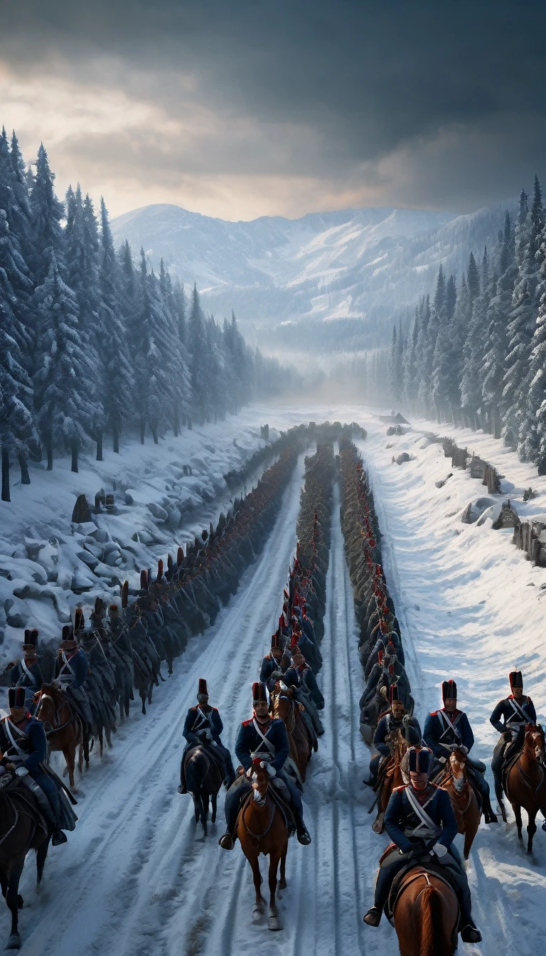 Depict a vast army marching across a snowy landscape towards Russia.
Show soldiers on horseback, infantry, and artillery moving forward with determination.
Include iconic symbols of Napoleon's army, such as the French flag and banners bearing his insignia, background dark, hyper realistic, ultra detailed hyper realistic, photorealistic, Studio Lighting, reflections, dynamic pose, Cinematic, Color Grading, Photography, Shot on 50mm lens, Ultra-Wide Angle, Depth of Field, hyper-detailed, beautifully color, 8k