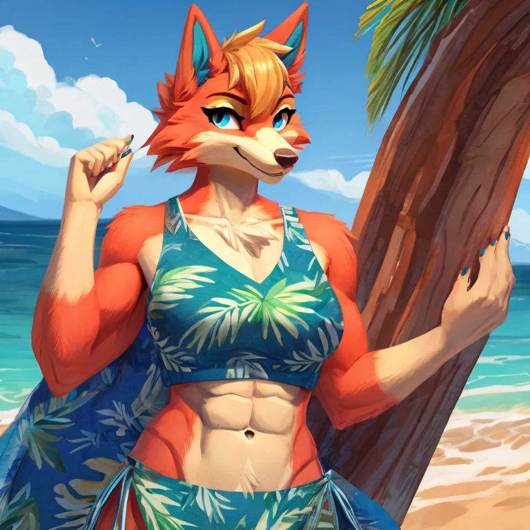 a digital artwork of audie with abs wearing a crop top of her  default Hawaiian dress  with a bare midriff and a bare navel , digital art, ((perfect face)), ((best quality)), ((masterpiece)),