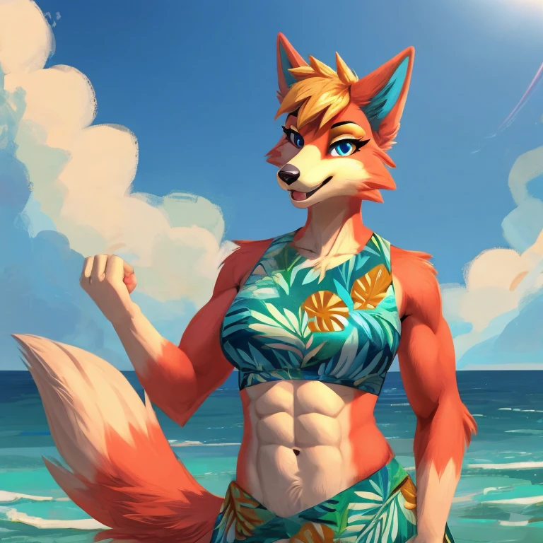 a digital artwork of audie with abs wearing a crop top of her default Hawaiian dress with a bare midriff and a bare navel , digital art, ((perfect face)), ((best quality)), ((masterpiece)),