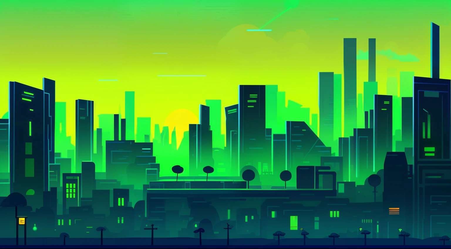 A green city in the foreground,There are many tombstones, background artwork, background art, video game background, 2D game background, mobile game background, flat 2 d vector art, 2D game art background, Night forest background, Night village background, There's green slime everywhere, Green slime dripping, Lush Alien Landscape, Random background scene, forest punk background