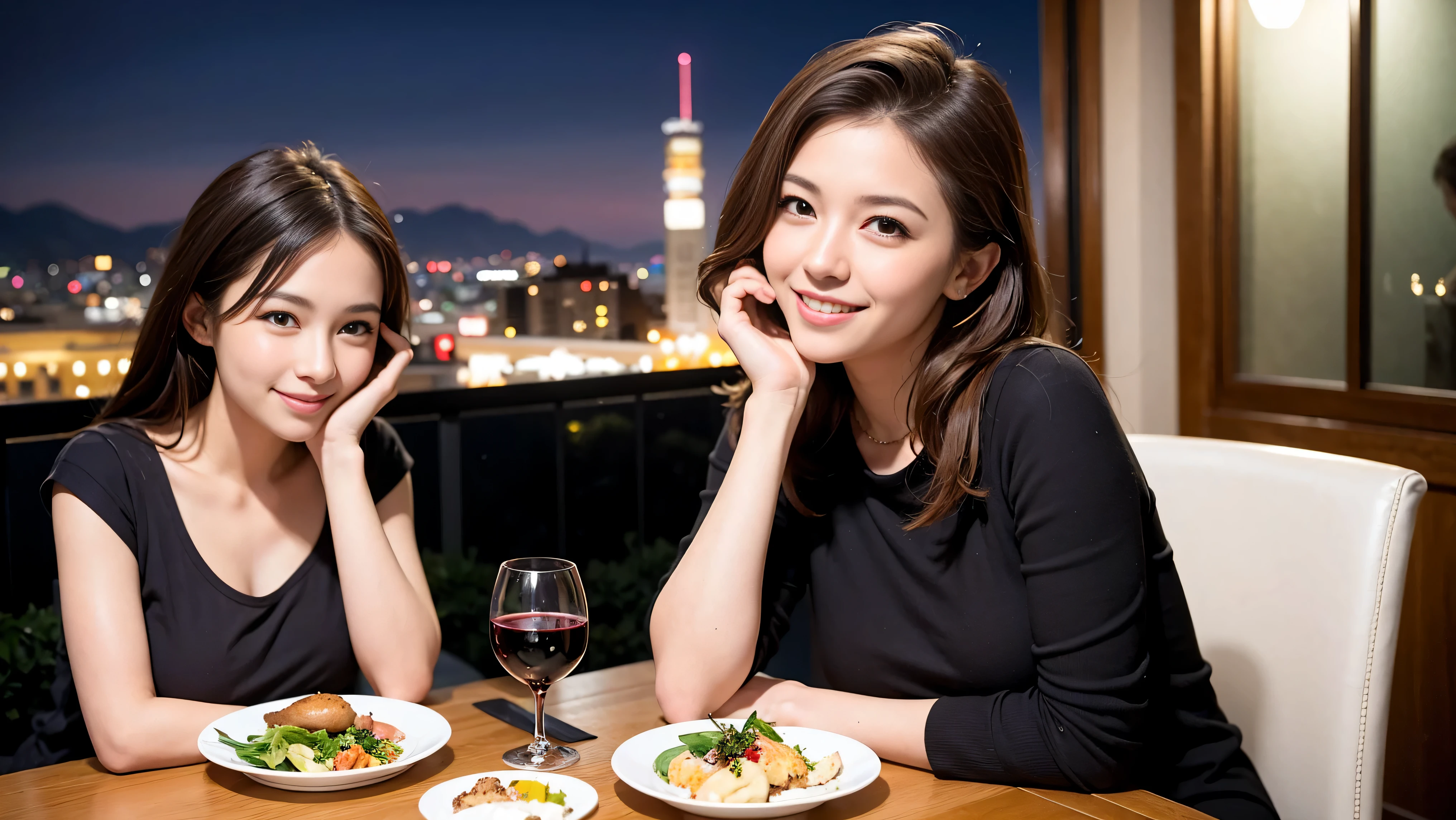 (K UHD, nffsw, highest quality, table top: 1.2), (realistic, realistic: 1.37), Spectacular view of the sunset sky and clouds、Amazing mountain views、A bright smile、A lovely woman with a smile、that woman'bright face、Fox face、lady、wine 、Appetizer、Italian food、two beauties、brown hair、shortcut、long sleeve shirt、winter fashion、dress、Japanese、Englishman、Dutch、German、Belgian、Italian、French,Wine Bottle、Appetizer、Champagne、Sparkling wine、Pretty Woman 1, (slim face), (because I'thin), (brown hair), (shortcut), cheeks turn a little red, (42 years old), 38 years old, charming beauty、, A beautiful and detailed night view spreads out outside the window............, restaurant, Wine Glassに座って, At night, in a prominent place (from the waist up) nova frog style, actress, model, Upper body, White wine, slim, Wine Glass, Very beautiful night view, 真ん中に置かれたWine Glass, smile, (smile: 1.15), Beautiful little eyes,
