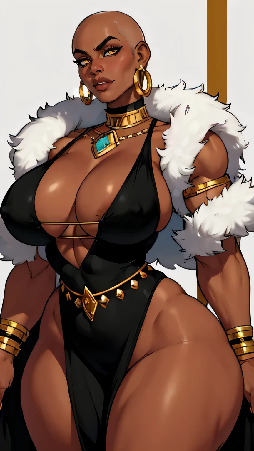 nicki minaj, jewelry, thick thighs, wide hips, glossy lips, bald bald bald, small breast, milf, yellow eyes, white blank background, mature, mother, dutchess, ebony dark skin, luxury, voluptuous, thick, buxom, mother, Full lips, Seductive, Mature, muscular strong, abs, black empress dress, gold design, fur, fancy barbarian. muscular thighstrong biceps