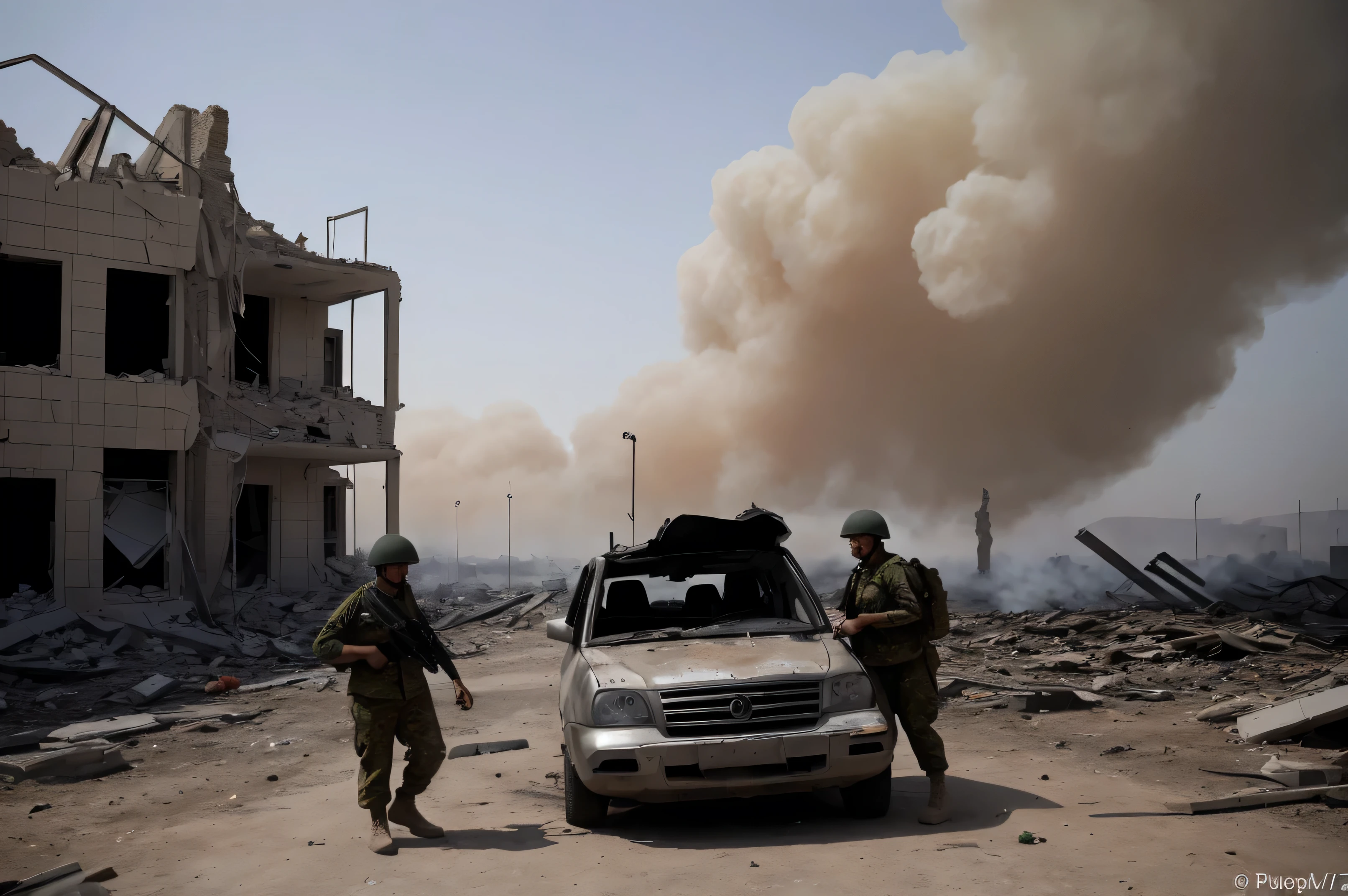 Syrian refugees，ruins of building，Thick smoke billows，car，The soldiers are smaller，2-3 refugees，Photographic Reality，Large aperture，