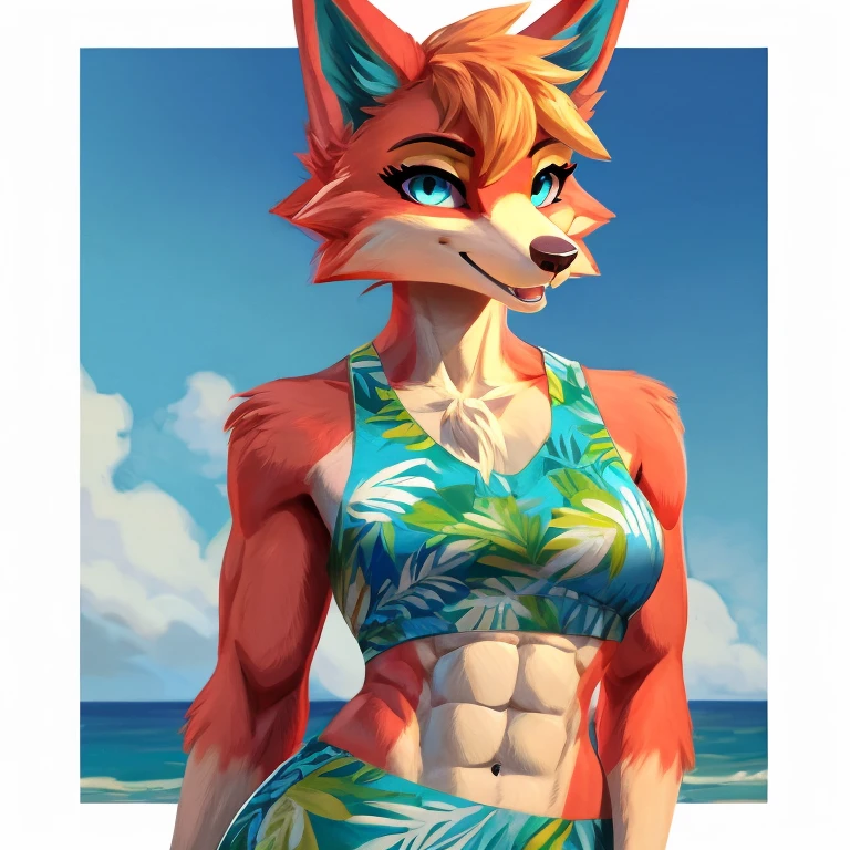 a digital artwork of audie with abs wearing a crop top of her  default Hawaiian dress  with a bare midriff and a bare navel , digital art, ((perfect face)), ((best quality)), ((masterpiece)),