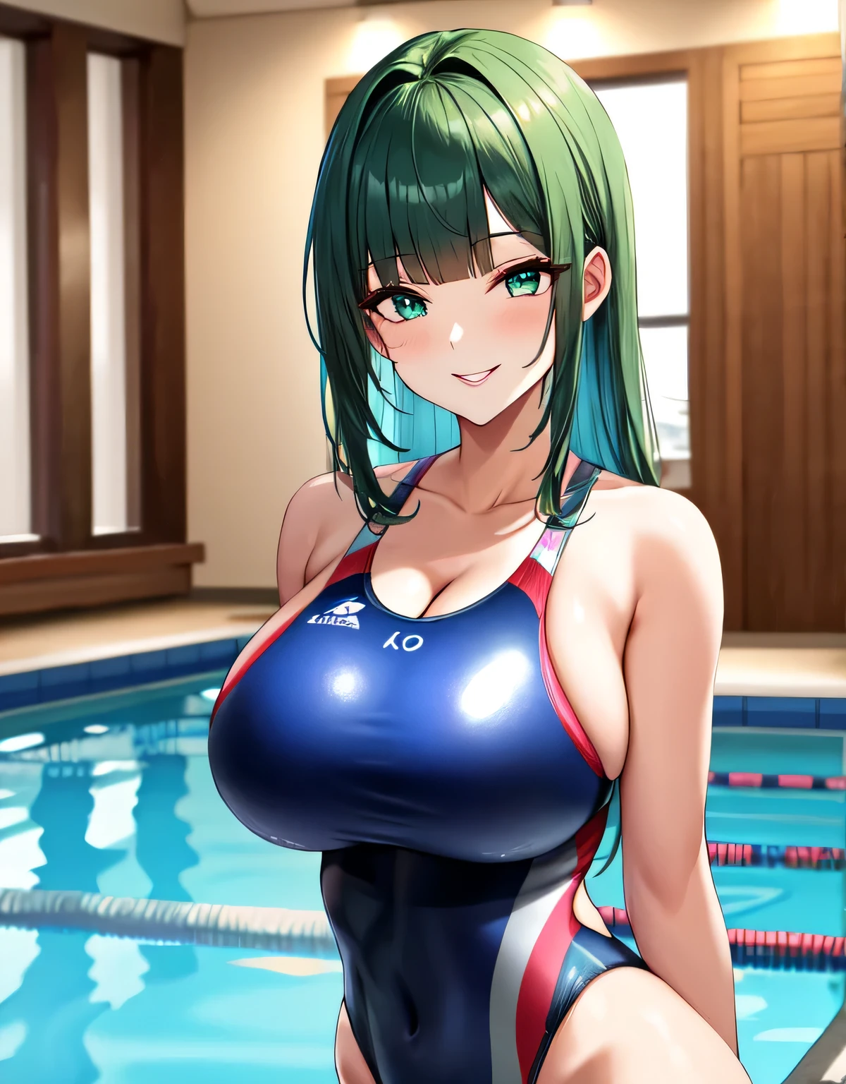 (large breasts:1.5),(shiny,hair),((solo)),((masterpiece)),((best quality)),perfect anatomy,slim waist,perfect image,8k UHD,(beautiful detailed eyes:1.5),extremely detailed face,standing,(upper body:1.1),(look at the front:1.3),arms behindback,ultra-detailed,absurdres,highres,(shiny Competition swimsuit:1.3),(latex),shiny,((sensitive smile)),green hair,long hair,((blunt bangs)),indoor pool,