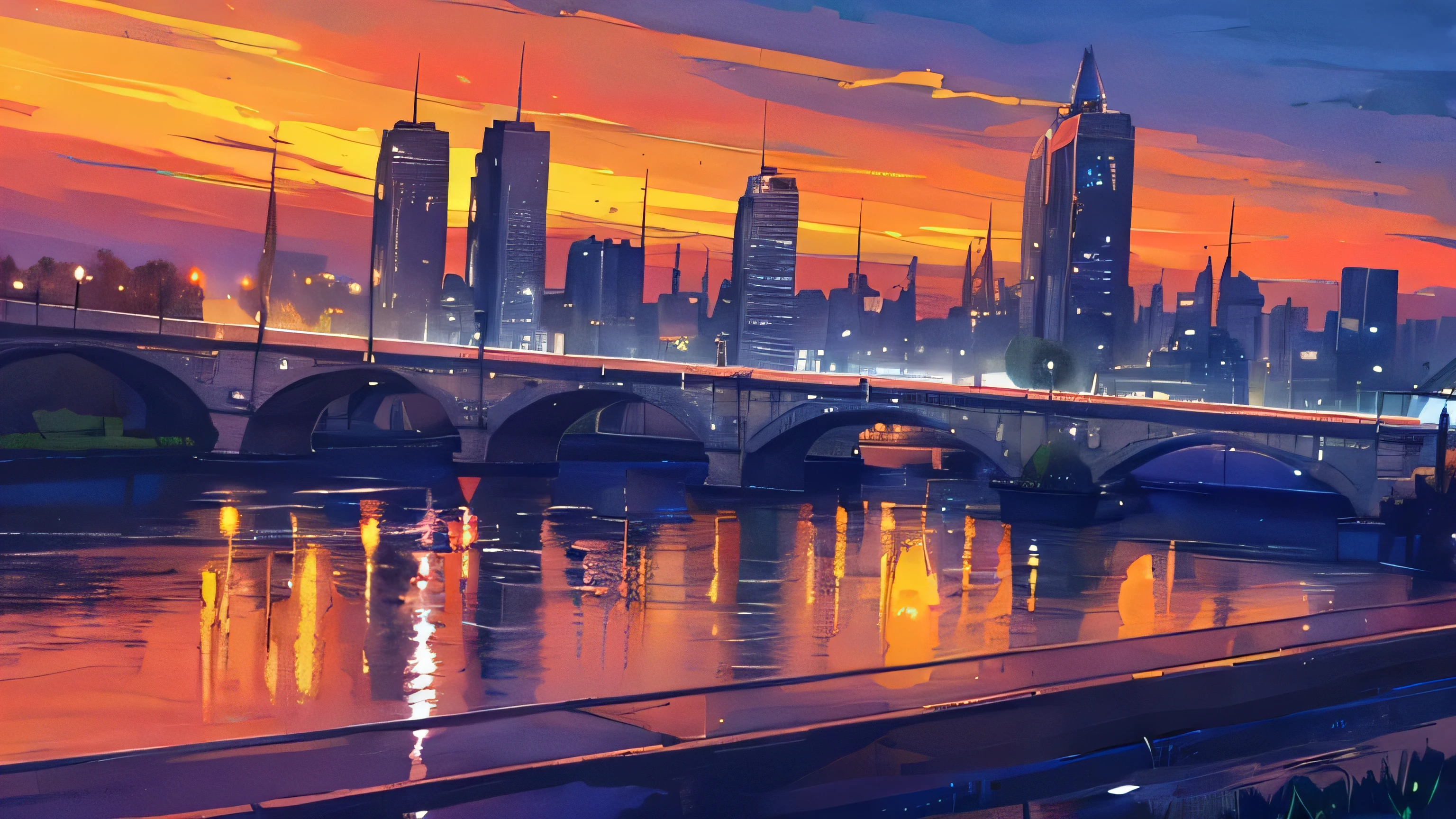 City skyline at night, with a large illuminated and a river sparkling below, calm and peace for those who see it, can be seen above the sky, water color, wash technique, colorful, a painting with dripping and scattered paint, r 9:16, Soft Illumination, high quality, master piece