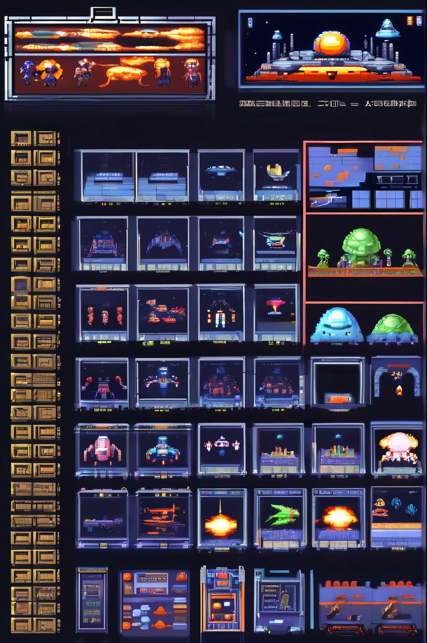 Pixel Game Scenes、Retro Arcade Games、Game bench、Arcade game consoles、pixel art、Shooter、Sci-fi shooter、spaceships、Enemy giant spaceships、laser beam、bomb、Countless beams、Scrolling shooter、Medium Boss Battle、Bullet Strike、Twinbee、Invaders Game、gladius、cosmic space、an alien、Alienship、R-type、