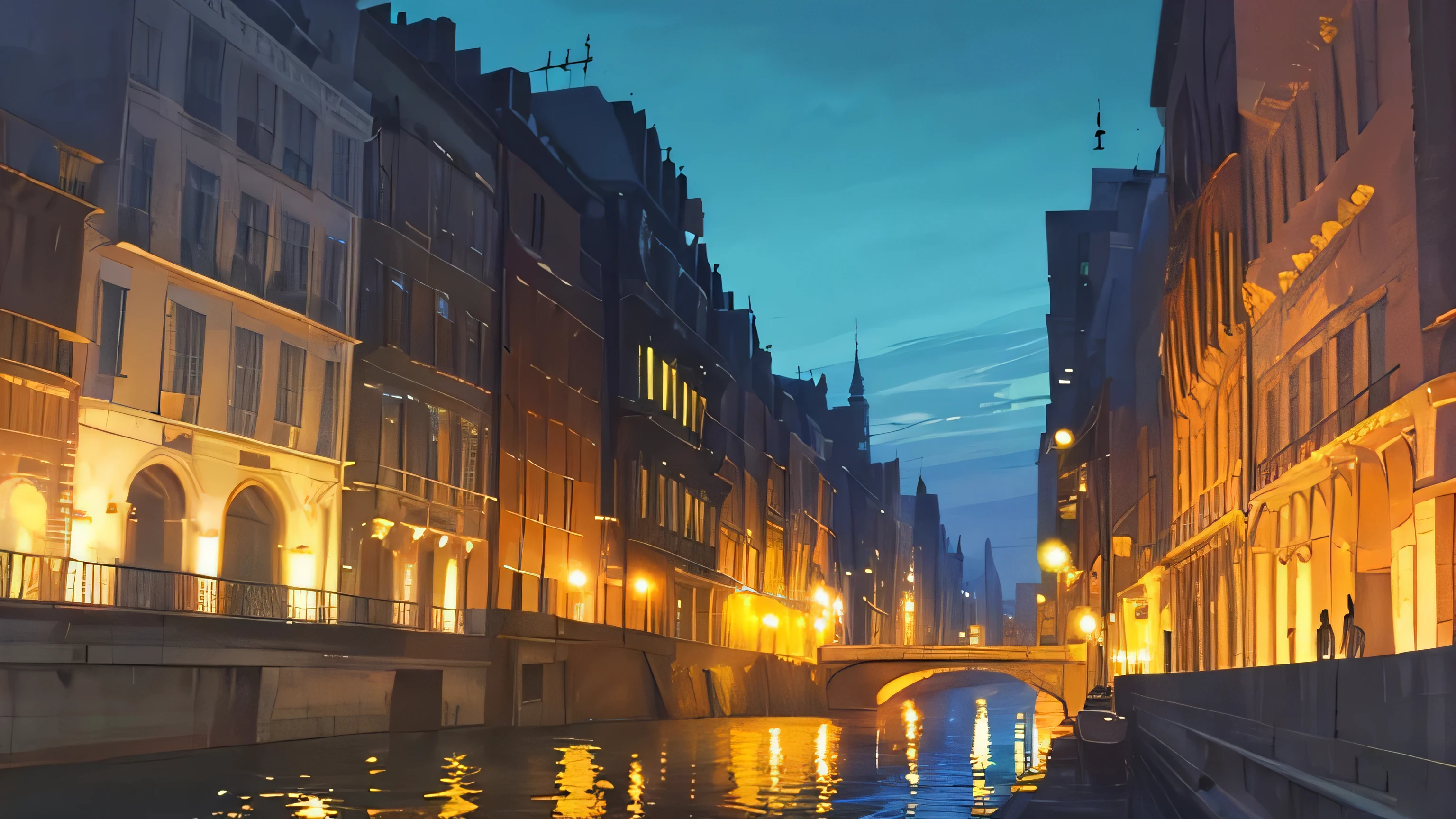 City skyline at night, with a large illuminated and a river sparkling below, calm and peace for those who see it, can be seen above the sky, water color, wash technique, colorful, a painting with dripping and scattered paint, r 9:16, Soft Illumination, high quality, master piece