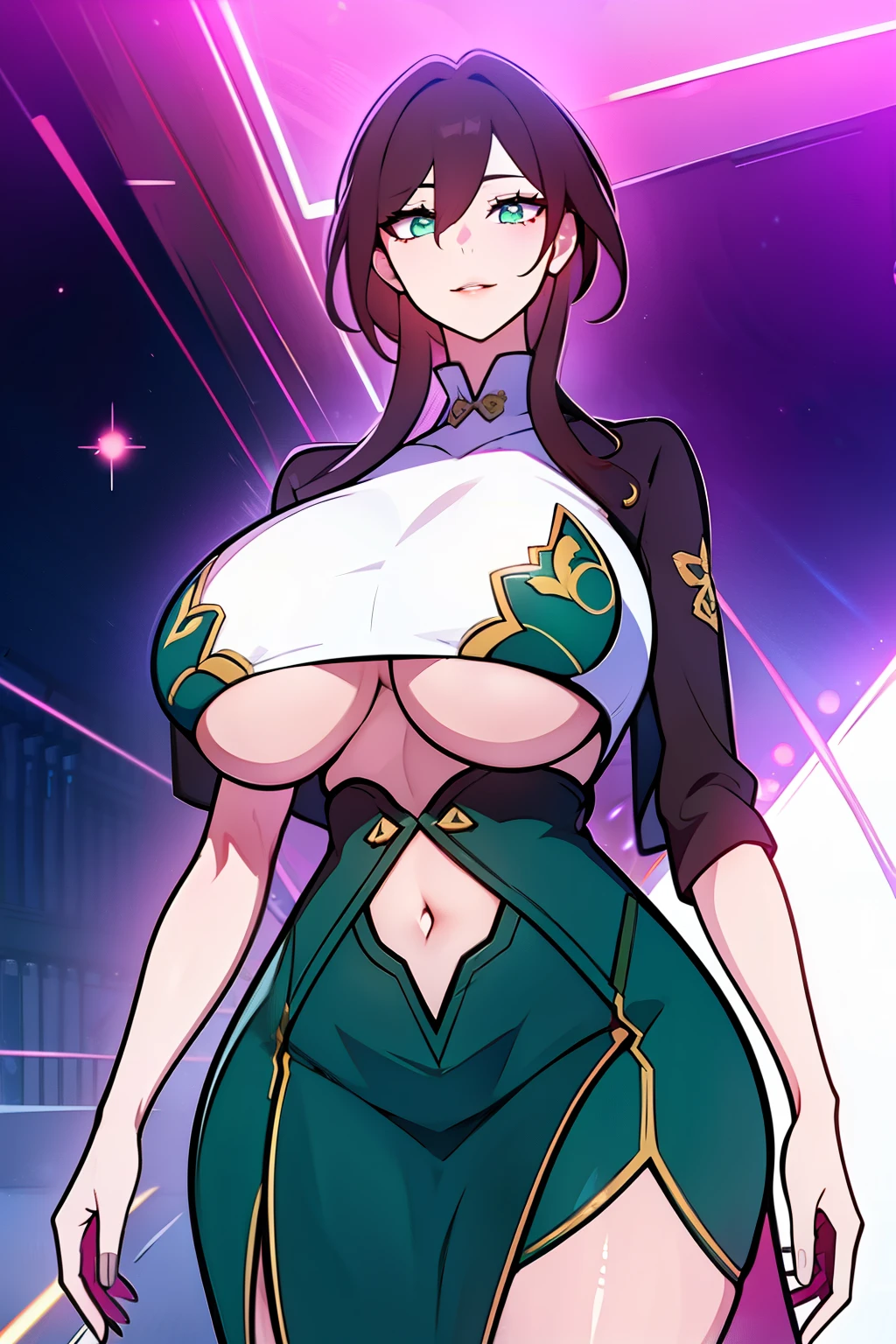 An anime-style artwork depicting ruan mei from the game Honkai star rail.

Tags: ruan mei, anime, detailed eyes, detailed lips, crop top, turtleneck, pencil skirt, smiling expression, intense gaze, glowing emblem on hand, dynamic pose, mystical background, vibrant colors, digital art, high-resolution, professional quality, gigantic breasts, (underboob : 1.4), curvy, cowboy shot, (gigantic breasts: 1.4), (green eyes : 1.4), (light brown hair)
