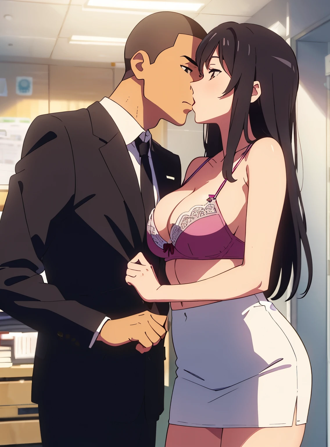 shinkai makoto, kimi no na wa., 1boy, buzzcut,office suit, boy caressing girl's body, kiss cheeks, passionate hug, boy is hugging from behind, breast groping from behind, 1girl, bangs, black hair, open mouth, brown eyes, Twisted Half Up, red ribbon, long hair, yellow blouse, open shirt, unbuttoned shirt, pink bra, cleavage, breast, medium breast, long gray skirt, storage room, indoors, masterpiece, perfect anatomy, cowboyshot