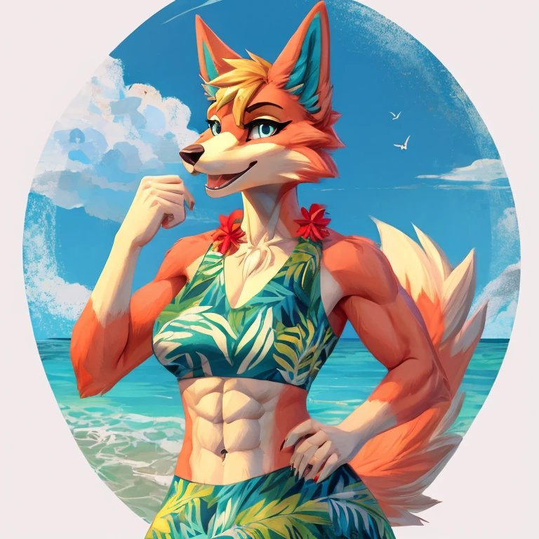 a digital artwork of audie with abs wearing a crop top of her  default Hawaiian dress  with a bare midriff and a bare navel , digital art, ((perfect face)), ((best quality)), ((masterpiece)),