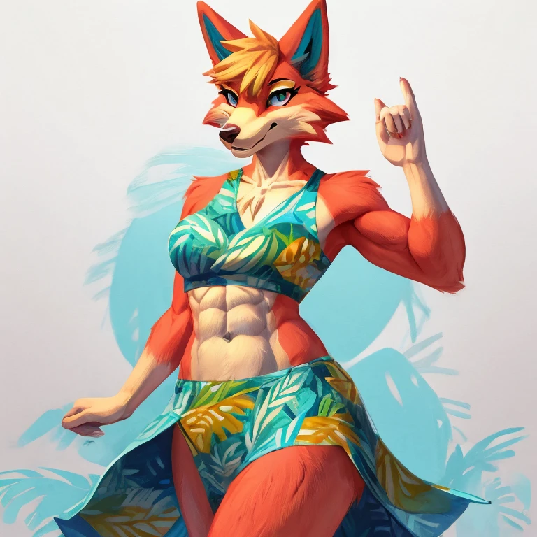 a digital artwork of audie with abs wearing a crop top of her default Hawaiian dress with a bare midriff and a bare navel , digital art, ((perfect face)), ((best quality)), ((masterpiece)),