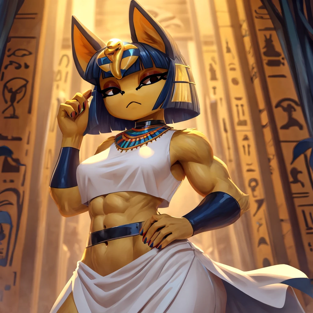 a digital artwork of ankha with abs wearing a crop top of her white sleeveless dress outfit with a bare midriff and a bare navel , digital art, ((perfect face)), ((best quality)), ((masterpiece)),