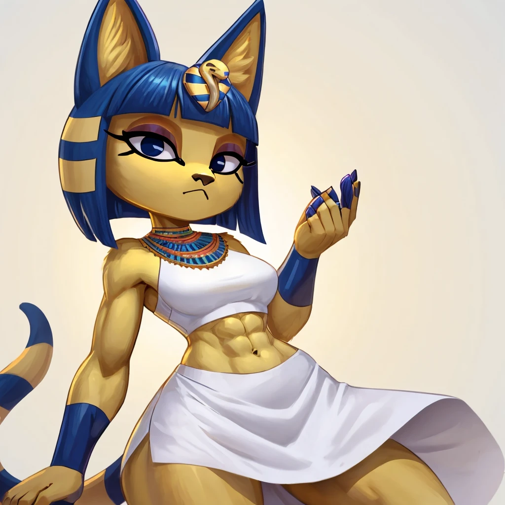 a digital artwork of ankha with abs wearing a crop top of her white sleeveless dress outfit with a bare midriff and a bare navel , digital art, ((perfect face)), ((best quality)), ((masterpiece)),