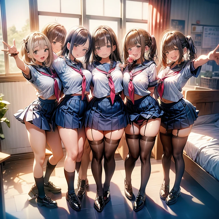 (((masterpiece, highest quality, High resolution, 超High resolution, Perfect Pixel, Depth of written boundary, 4K, RTTX 10.0, High resolution))), (Four adult women:1.3), Beautiful Anime Woman, Beautiful art style, Anime characters, ((Long Hair, bangs, Dark brown hair, Various hairstyles, ponytail, Twin tails)), ((Beautiful eyelashes)), ((Detailed face, blushする:1.2)), All four have different faces, ((Smooth texture, Realistic texture, Anime CG Style)), Perfect body, (Slender body:1.2), Beautiful and big breasts, Exact finger count、Exact number of legs、Exact number of arms, (blush:1), (The four women are walking down the stairs, each with their skirts lifted.:1.4), (Fashionable white shirt, Sailor collar, (Knee-high socks:1.2), loafers, mini skirt:1.4), Realistic, highest quality, High resolution, 非常にDetailed face, Perfect lighting, Extremely detailed CG, (Perfect hands, Perfect Anatomy), Embarrassed expression, (School stairs:1.5), Morning sun-like lighting, whole body, ((Stylish and sexy shiny satin panties, Stylish lace side-tie panties, Panties with a simple plain center and black lace decoration on the sides, Panties with different designs for everyone, White panties, Dark pink panties, Dark Blue Panties:1.2)), Angle from the front、(Beautiful and thin thighs:1.2), All about the same height, Feeling embarrassed