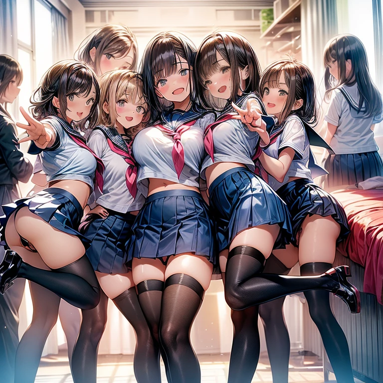 nswf:1.3,(masterpiece: 1.2, highest quality, masterpiece, Clearer images), (Bright colors), ((Take clear photos even from a distance)), (multiple girls), (Harem), (School classmates), (((All school uniforms have the same design))), (((Everyone is wearing the same navy blue skirt))), (()), ((prostitution婦)), (prostitution宿, on the bed), (cute Japanese((6 girls))), (((infant'face))), ((group shot)), (group selfie), ((ass visible through thighs))、 (Full body diagram from head to toe), front, frontやや下からの構図, symmetry, 18 year old tall girl, alone, (whole body from head to toe),wide angle, soft light, ((((laugh with your mouth wide open)))), (slightly larger breasts), ((prostitution)), (lure), ((viewers love it)), (((A lot of hearts are flying))), Landscape、(((show panty:1.6)))、((((M spread legs:1.4)))、((female masturbation:1.8))、((breast grab:1.3)),(((bra lift:1.2)))、(skirt lift:1.3) 、one eye closed、stick out one's crotch、((youth))、black tights、black stockings、black pantyhose、black stockingsックス、standing on one leg