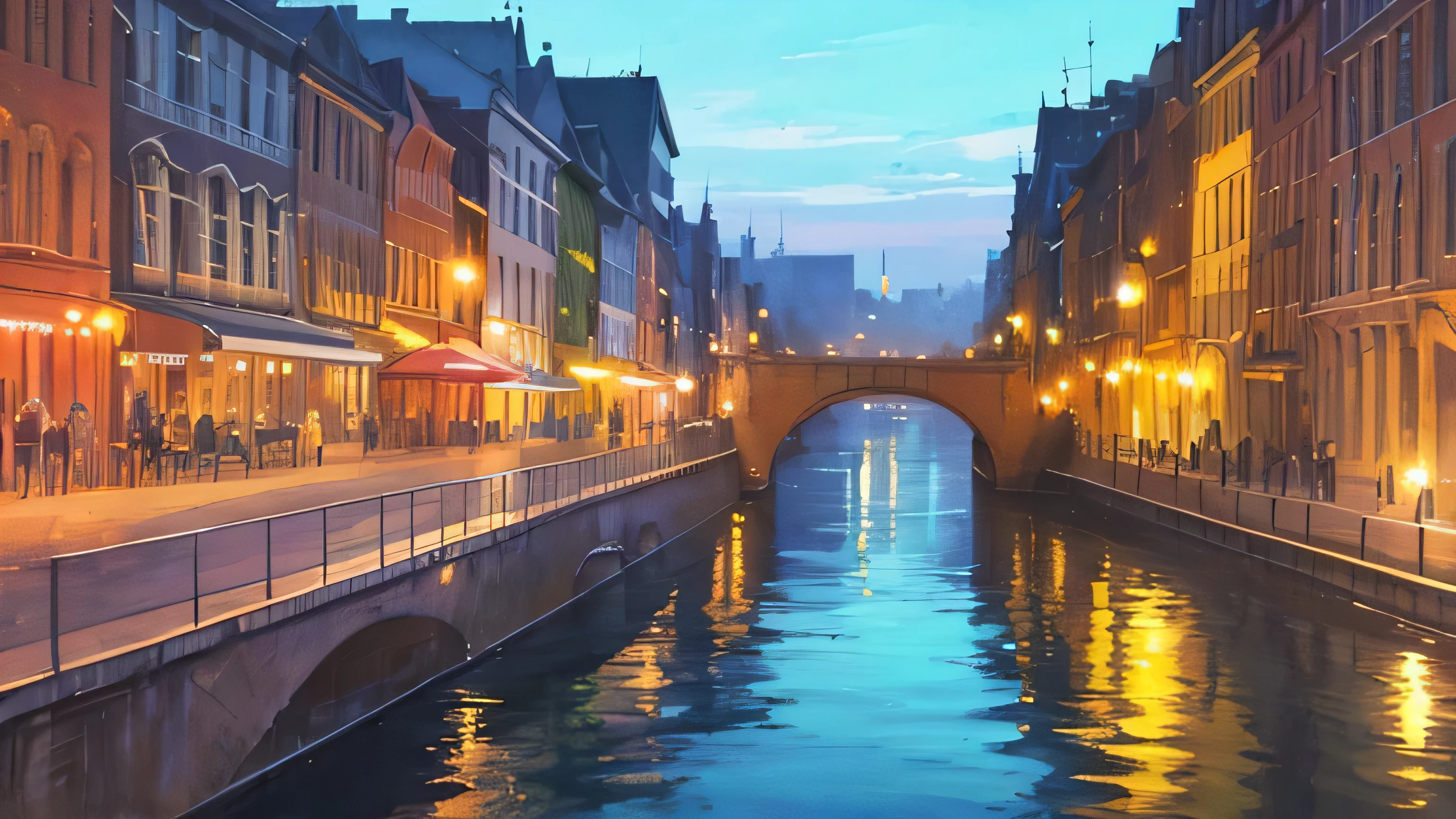 City skyline at night, with a large illuminated and a river sparkling below, calm and peace for those who see it, water color, wash technique, colorful, a painting with dripping and scattered paint, r 9:16, Soft Illumination, high quality, master piece