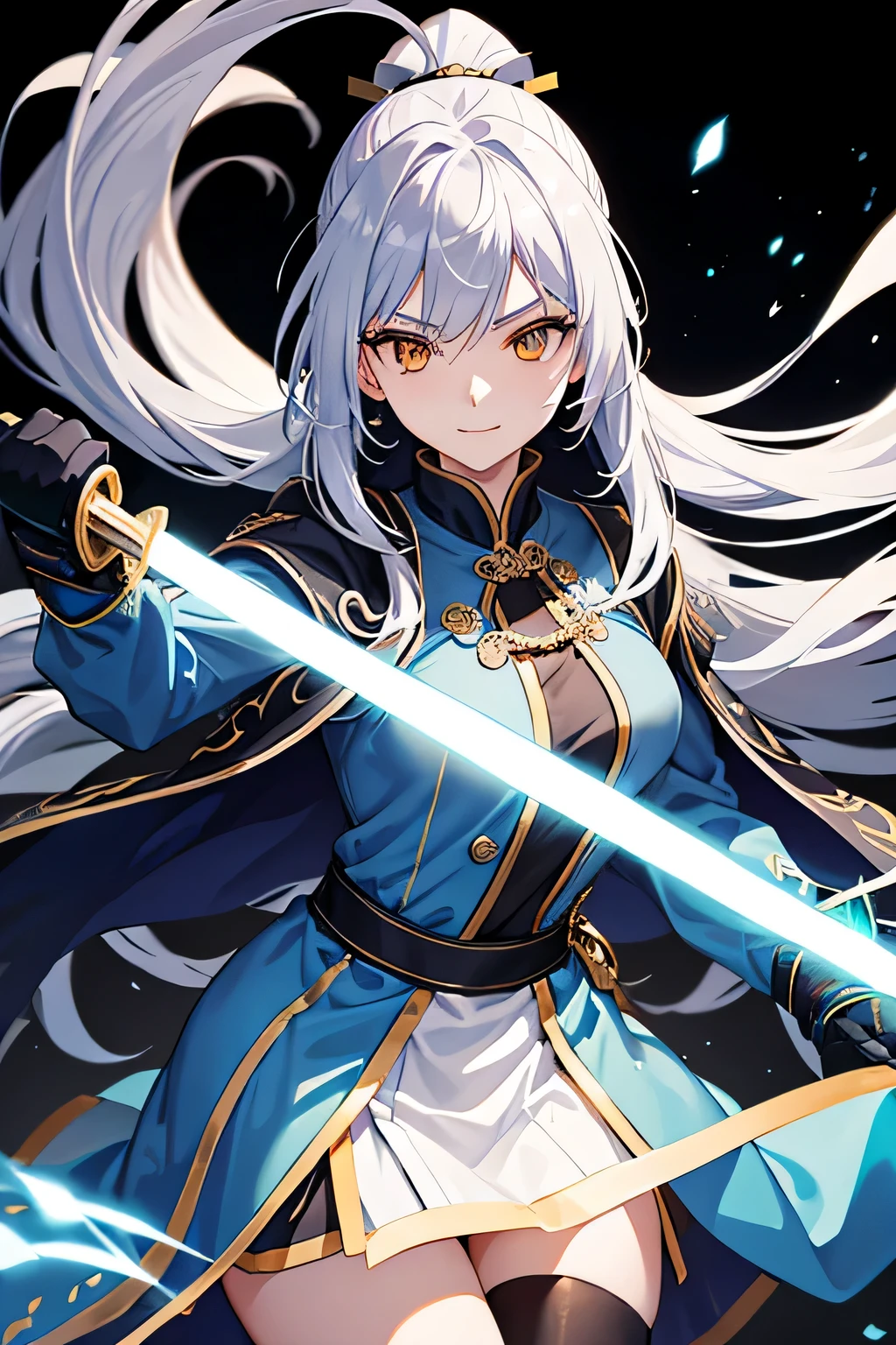 golden eyes, Long silver hair, Hair style is ponytail, Blue-purple clothing, Otachi, holding a sword in front of, action, About 26 years old, Cool women with big breasts, slanted eyes, simple background, nature, ambient light, background light, tyndall light, smiling expression