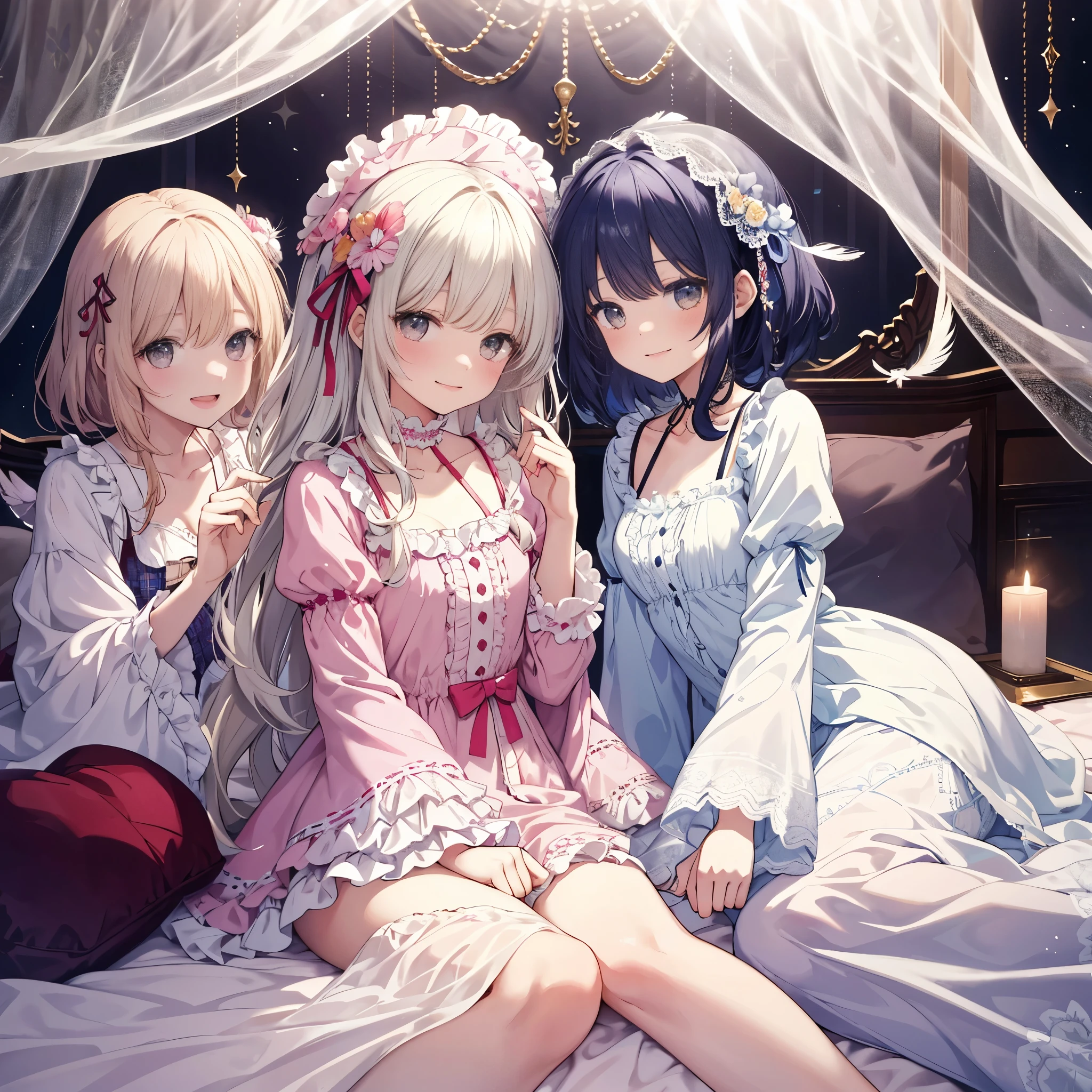 Masterpiece of happy girls engaging in a playful fight with pillows at a pajama party. Fine details abound as many small feathers flutter gently in the air. The girls don ta style nightgowns, their long sleeves and frilly skirts adorned with intricate patterns, ribbons, and lace. Their laughter echoes loudly as they bounce on a huge, wide canopy bed covered in lots of frilly pillows and a bed skirt matching their nightgowns. The joyful expressions on their faces are captured in detailed, high-resolution imagery, creating an enchanting scene reminiscent of a dreamlike fairy tale. The room is illum