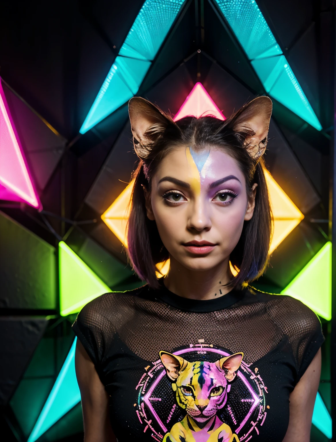 A vibrant and eye-bearching T-shirt design featuring sphynx cat from array of overlapping geometric rhombus shapes glowing with bright neon colors. The shapes are various sizes, with some emitting bright, pulsating light. The overall design is playful and psychedelic. Fenomenal art.o