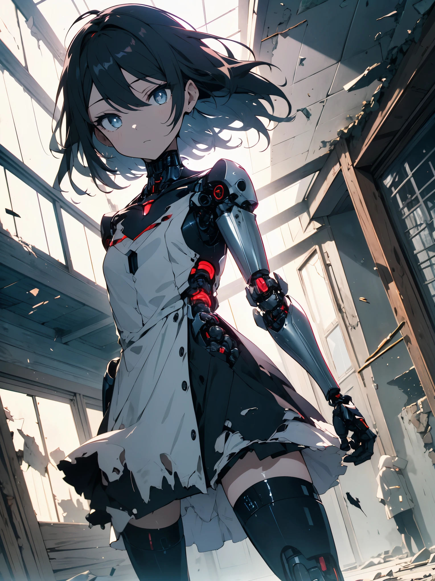 absurdres, RAW photo, extremely delicate and beautiful, masterpiece, Best Quality, ultra high resolution, 32k, hyperrealistic, ultra-detailed, perfect figure, in her 20s, very small head, very small face, delicate facial features, tearful mole, earring, very huge round breasts, full body shot, medium hair, asymmetrical hair, blood, blood splatter, blood on clothes, blood stain, hospital, nurse uniform, have a chainsaw,
