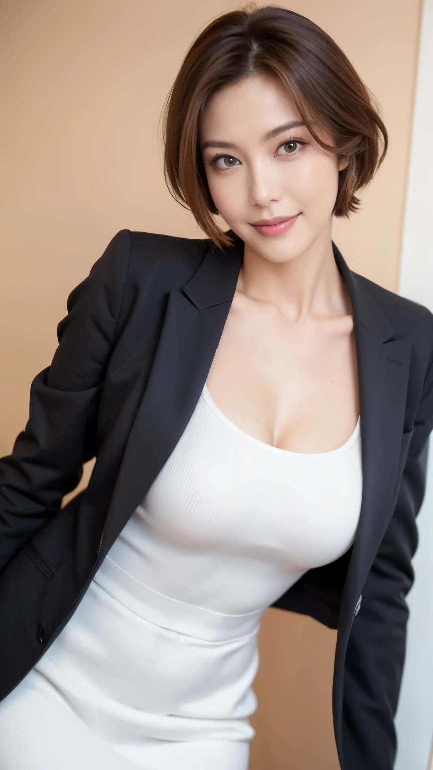 masterpiece,highest quality, (mature woman、42 years old), ((close:0.5)), ((Cross Arm)), glare, (gray blazer), (white shirt:1.2), (pencil skirt:1.2)double eyelid, eyelash, lip gloss, (smile:1), ((close your eyes:0.85)), ((looking at the viewer、The whole body is reflected、Are standing)), to be born, (From above:0.2), ((no one)), (modern office:1.4)、(Short boule:1.2)、Depth of written boundary、尖ったred mouth、(reddish brown wet shiny short hair,,,,,,,,,),red mouth,clavicle、(full body portrait:1.4)、digital illustration, (Photoreal:1.3),(Raw photo.)