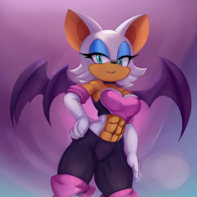 a digital artwork of Rouge the bat with abs wearing a crop top of her original outfit with a bare midriff and a bare navel , digital art, ((perfect face)), ((best quality)), ((masterpiece)), she has a tan midriff