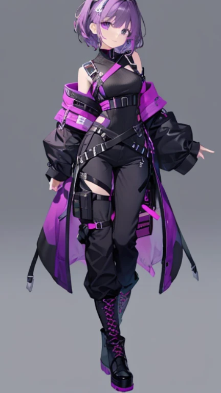 purple hair,girl,1 person,medium hair,No sleeve,Harness,pants,boots,simple background,smile,whole body,full body,standing position,Standing picture,VTuber,front,Eyes on the viewer,視線をfrontに,arm to the side