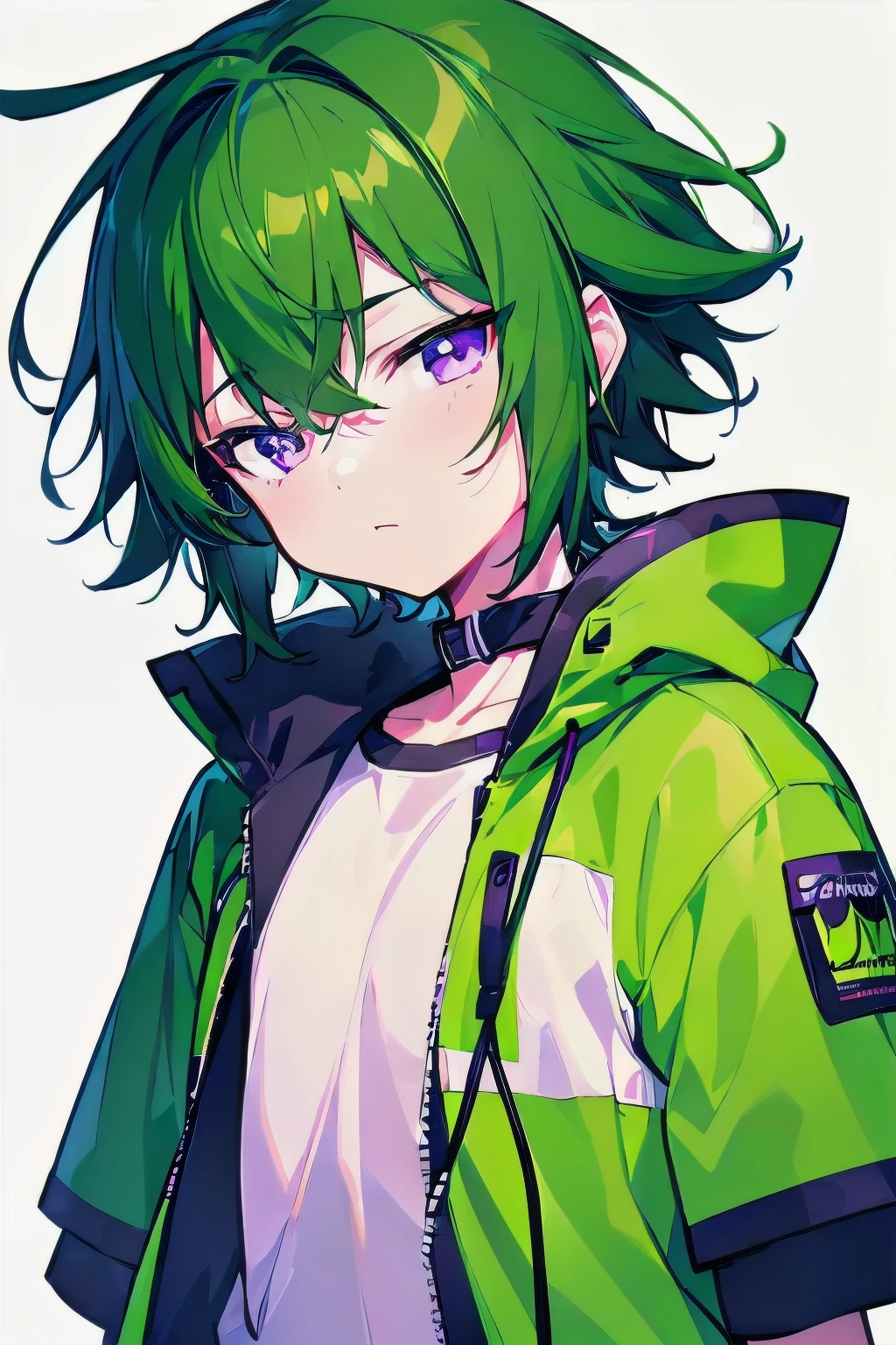 [(WHITE BACKGROUND:1.5),::5], ((((masterpiece)))), high quality, ultra_very_high_resolution, large_filesize, full color, (((solo))), ((**********)), (((green short hair))), purple eyes, anime, upper body, neon light, black parka,