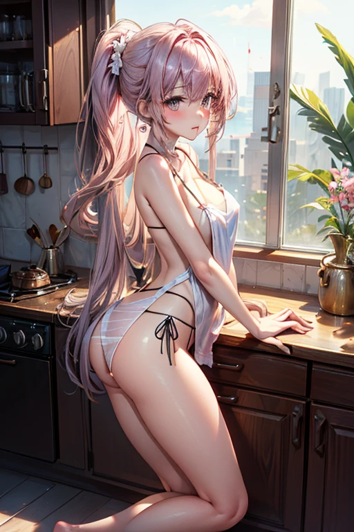 beautiful girl, (blush), Show her slim thighs and shoulders, big breasts, Wear an apron, human wife, in the kitchen, (kneel on the ground).side boob、(blonde)、high position ponytail、breasts squeezed together,(small hips),(thin short thighs), (tight waist、Thin waist), (White cream is on the body)、small butt、thin legs、(White apron with coarse lace)、(palms together、intertwine your fingers、pray)、Naked in an apron、(Smiling here), naked apron, from side, pink thong, pink tanga, pink G-strings, (soaking wet)、thong panties、Himo bikini、(protruding nipples)、holding whisk, lick whisk, 