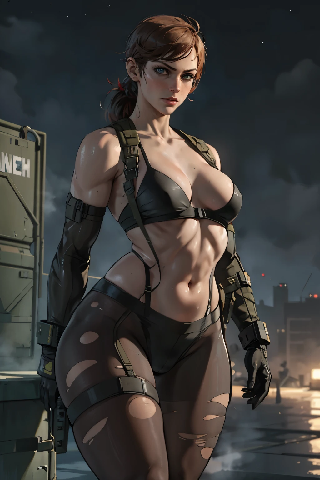 digital art, MGS V Quiet, masterpiece, best quality, sexy pose, (ripped pantyhose), at night military base, wet skin