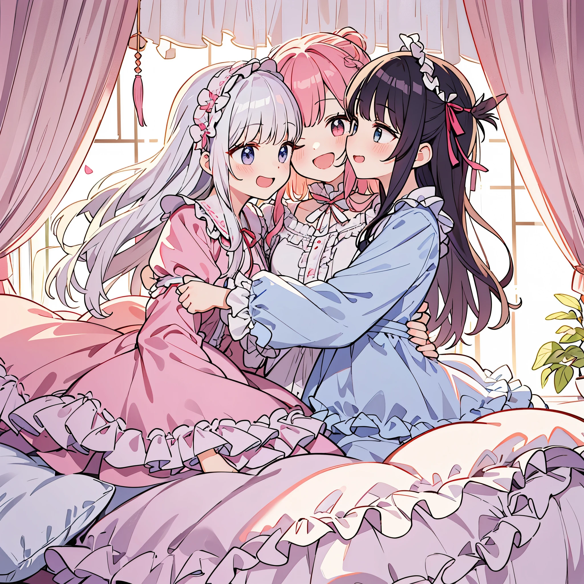 Happy girls fighting with pillows at pajama party。Many small feathers fluttering、Lolita style fashion with long sleeves and a long skirt nightgown with frills and ribbons。On a huge, wide canopy bed、Lots of frilly pillows and a frilly bed skirt、There are frilly curtains surrounding the bed.。detailed face。