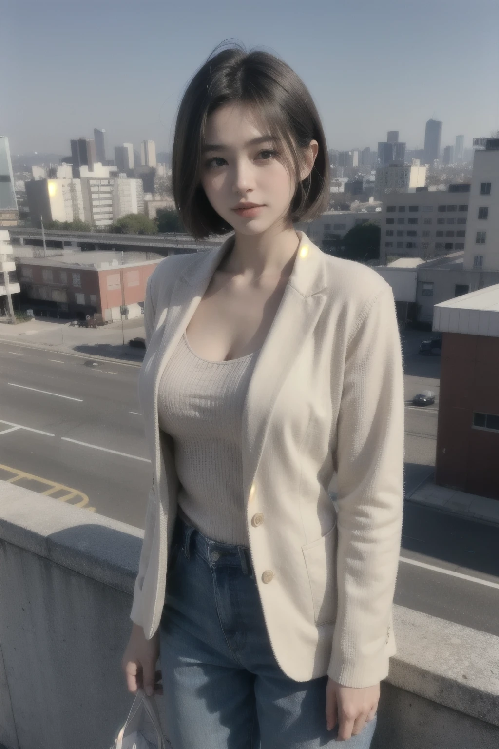High definition. Ultra realistic. Extra detailed. Best quality. 1 girl. 20 years old japanese girl. Cute and gorgeous. Short hair (dark brown with blonde ombre). Perfect face, body and skin. 160 cm height. 50 kg weight. Hourglass body. Medium breast. Wearing knitwear, blazer and long pants. City background. Standing on top of building.