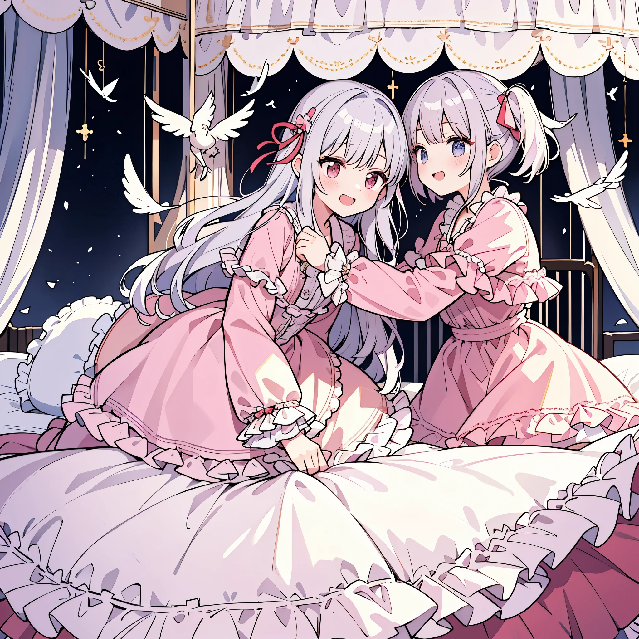 Happy girls fighting with pillows at pajama party。Many small feathers fluttering、ta style fashion with long sleeves and a long skirt nightgown with frills and ribbons。On a huge, wide canopy bed、Lots of frilly pillows and a frilly bed skirt、There are frilly curtains surrounding the bed.。detailed face。