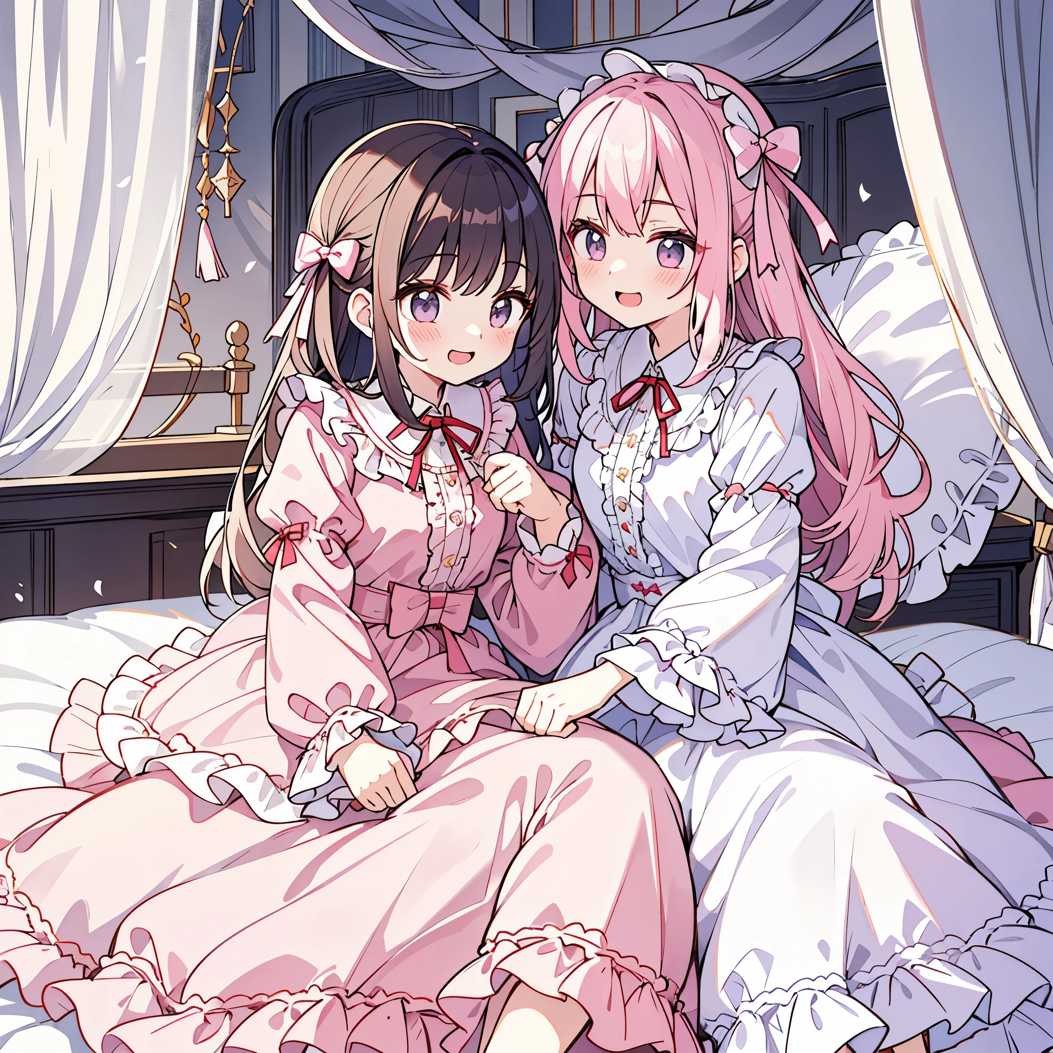 Happy girls fighting with pillows at pajama party。Many small feathers fluttering、Lolita style fashion with long sleeves and a long skirt nightgown with frills and ribbons。On a huge, wide canopy bed、Lots of frilly pillows and a frilly bed skirt、There are frilly curtains surrounding the bed.。detailed face。