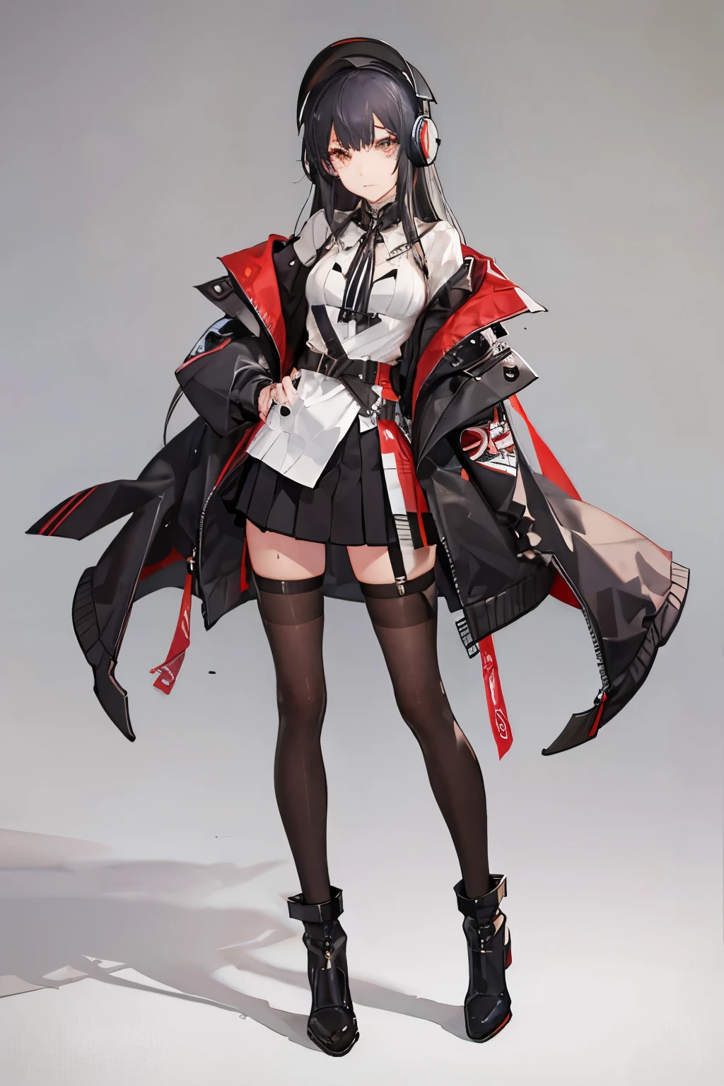 Anime girl wearing short skirt and jacket，black stockings，black boots，long hair，Headphones hanging around neck，