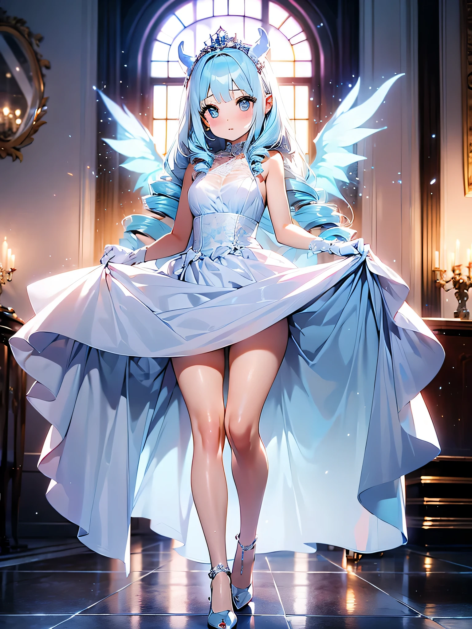 (masterpiece),(Highest image quality),top quality,(extremely detailed),4K,(8K), detailed and beautiful eyes, Highest image quality,(beautiful),((full body)),more campbell,1 girl,solo,evening,walking,reaching out,(tiara:1.5),A girl in an incredibly stylish dress,long dress,(princess line wedding dress),Corset with crossed ribbons,(See-through gloves),she has a gorgeous mask in his hand.,medium breasts,((blunt bangs)),(twin drills:1.5), (light blue hair:1.8),pink eyes,(devil wings:1.2),devil tail,devil,(devil ears: 1.3),(Satan's horns:1.3),The breathtakingly beautiful cityscape is the backdrop for the castle with the setting sun shining through.
