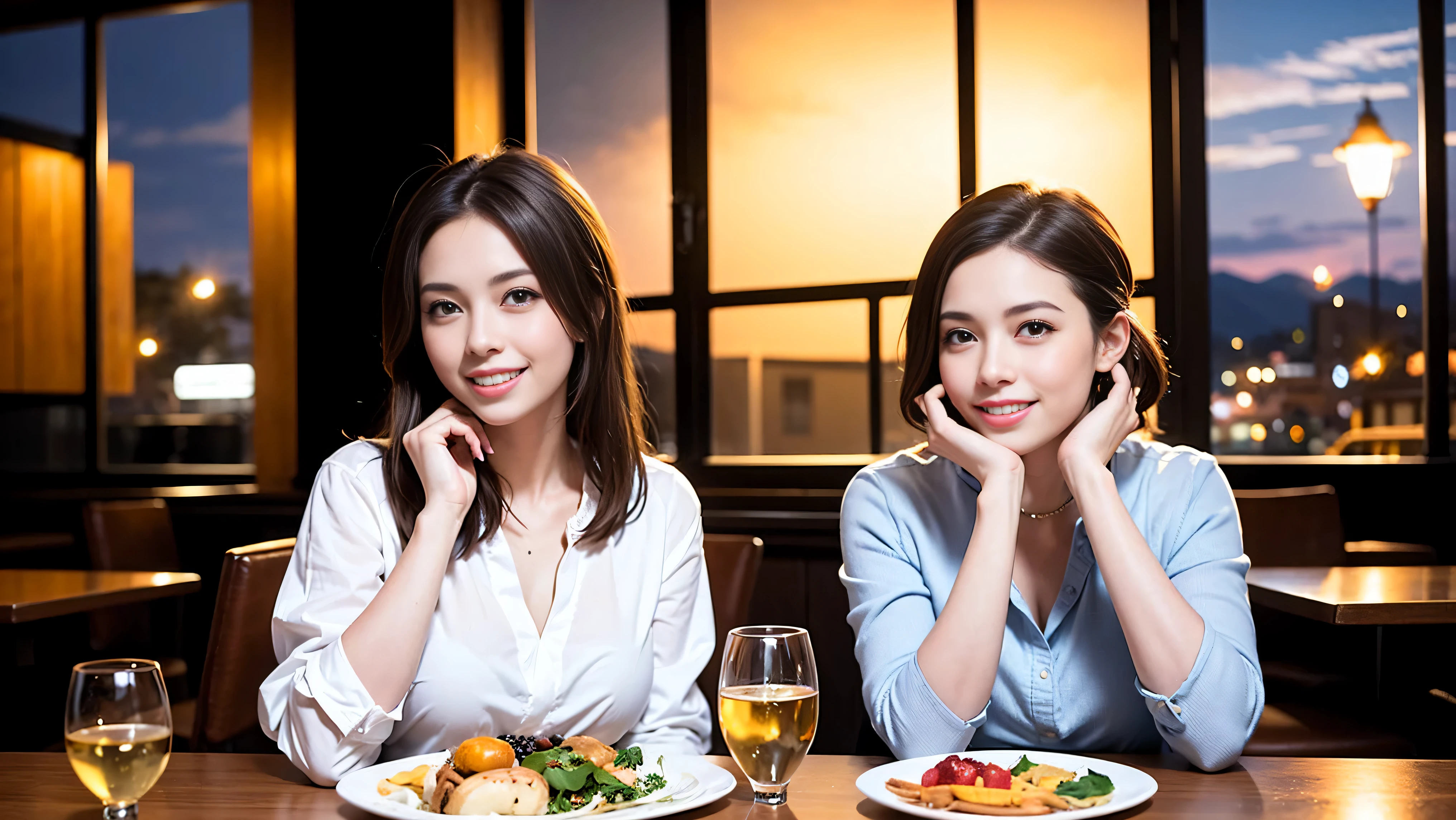 (K UHD, nffsw, highest quality, table top: 1.2), (realistic, realistic: 1.37), Spectacular view of the sunset sky and clouds、Amazing mountain views、A bright smile、A lovely woman with a smile、that woman'bright face、Fox face、lady、wine 、Appetizer、Italian food、two beauties、brown hair、shortcut、long sleeve shirt、winter fashion、dress、Japanese、Englishman、Dutch、German、Belgian、Italian、French,Wine Bottle、Appetizer、Champagne、Sparkling wine、Pretty Woman 1, (slim face), (because I'thin), (brown hair), (shortcut), cheeks turn a little red, (42 years old), 38 years old, charming beauty、, A beautiful and detailed night view spreads out outside the window..........., restaurant, Wine Glassに座って, At night, in a prominent place (from the waist up) nova frog style, actress, model, Upper body, White wine, slim, Wine Glass, Very beautiful night view, 真ん中に置かれたWine Glass, smile, (smile: 1.15), Beautiful little eyes,