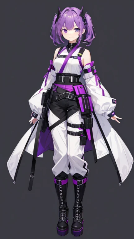 purple hair,girl,1 person,medium hair,No sleeve,Harness,pants,boots,simple background,smile,whole body,full body,standing position,Standing picture,VTuber,front,Eyes on the viewer,視線をfrontに,arm to the side