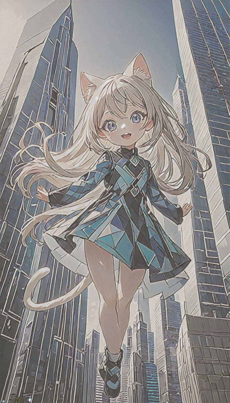 #quality(8k,wallpaper of extremely detailed CG unit, ​masterpiece, hight resolution, top-quality, top-quality real texture skin,hyper realisitic, digitial painting,increase the resolution,RAW photos，best qualtiy,highly detailed,the wallpaper),very geometrical skyscrapers,#catgirl(catgirl:1.2,cat ear,cat eye,cute, kawaii,small kid,hair floating,hair shining brightly,long hair,eye color cosmic,big eyes,pale skin,dynamic angle:1.4,dynamic pose,detailed face,smile,open mouth,cosmic),#background(very geometrical skyscrapers)