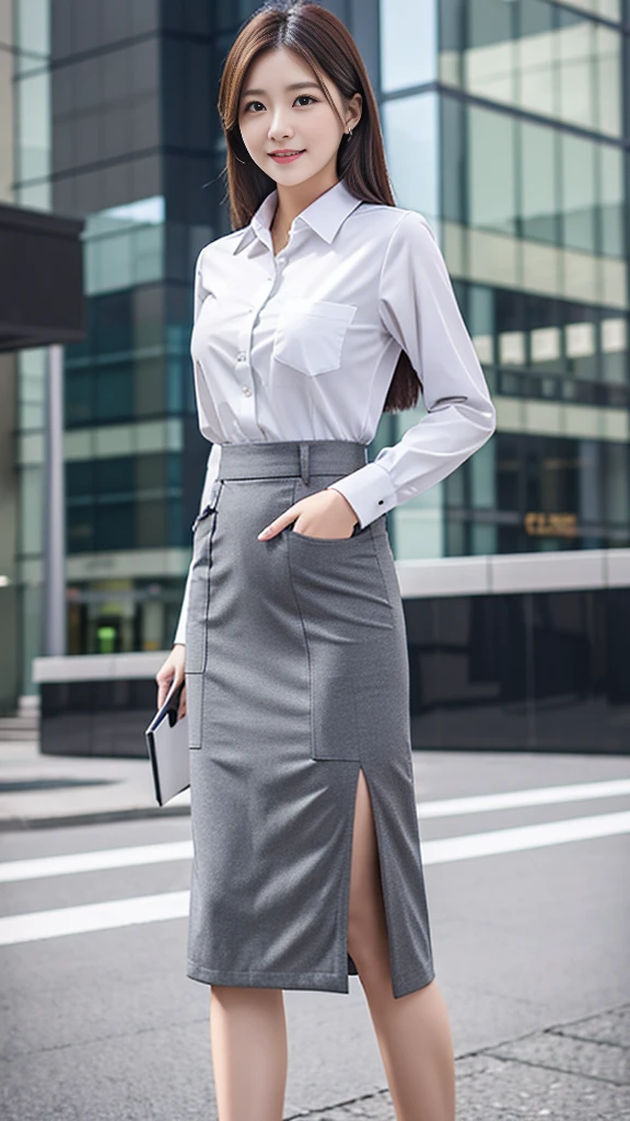 Business service, gray skirt, business clothes, With two front pockets, woman wearing office dress, Work clothes, Work clothes, catalog photo, from me, Detailed image, business clothes装, Portrait Center, grey, white shirt and gray skirt, wearing a business casual dress
