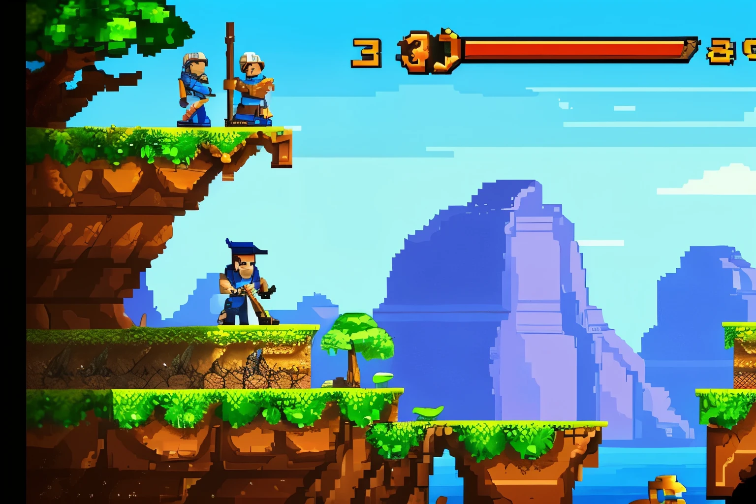 a pixel pixel game with a man standing on a cliff, plataform 2 d game, side - scrolling 2 d platformer, 2 d platformer, plataform game, tileset, 2d side scrolling game, platform game, side scroller game, videogame background, platformer, 2 d game assets, 2 d game, screenshot from the game