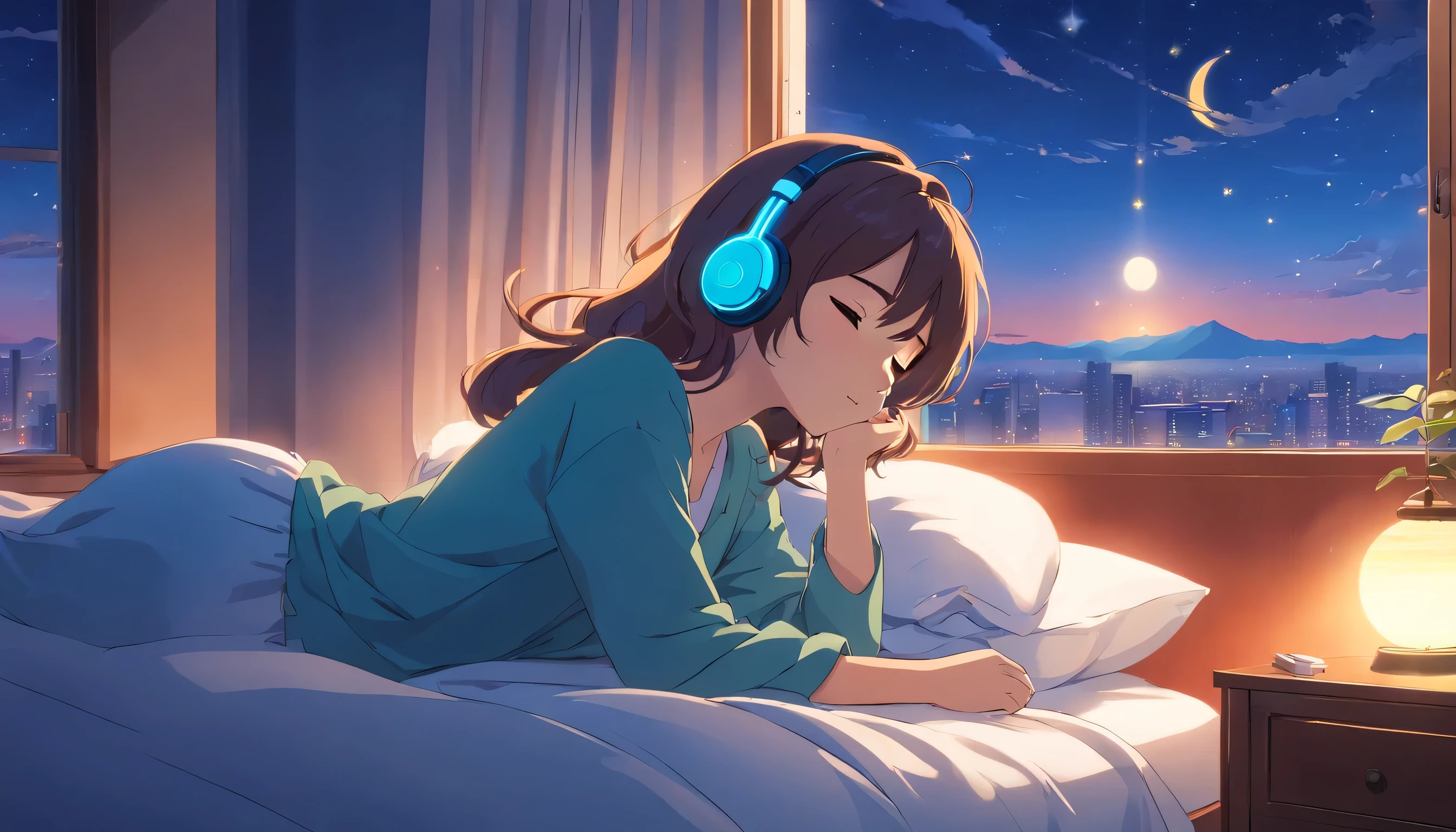 (masterpiece) a girl (woman) sleeping in bed, on her bed, wearing headphones, Window showing moon and stars, calm, peaceful, thinking, ish, color grading, Nice color coding,