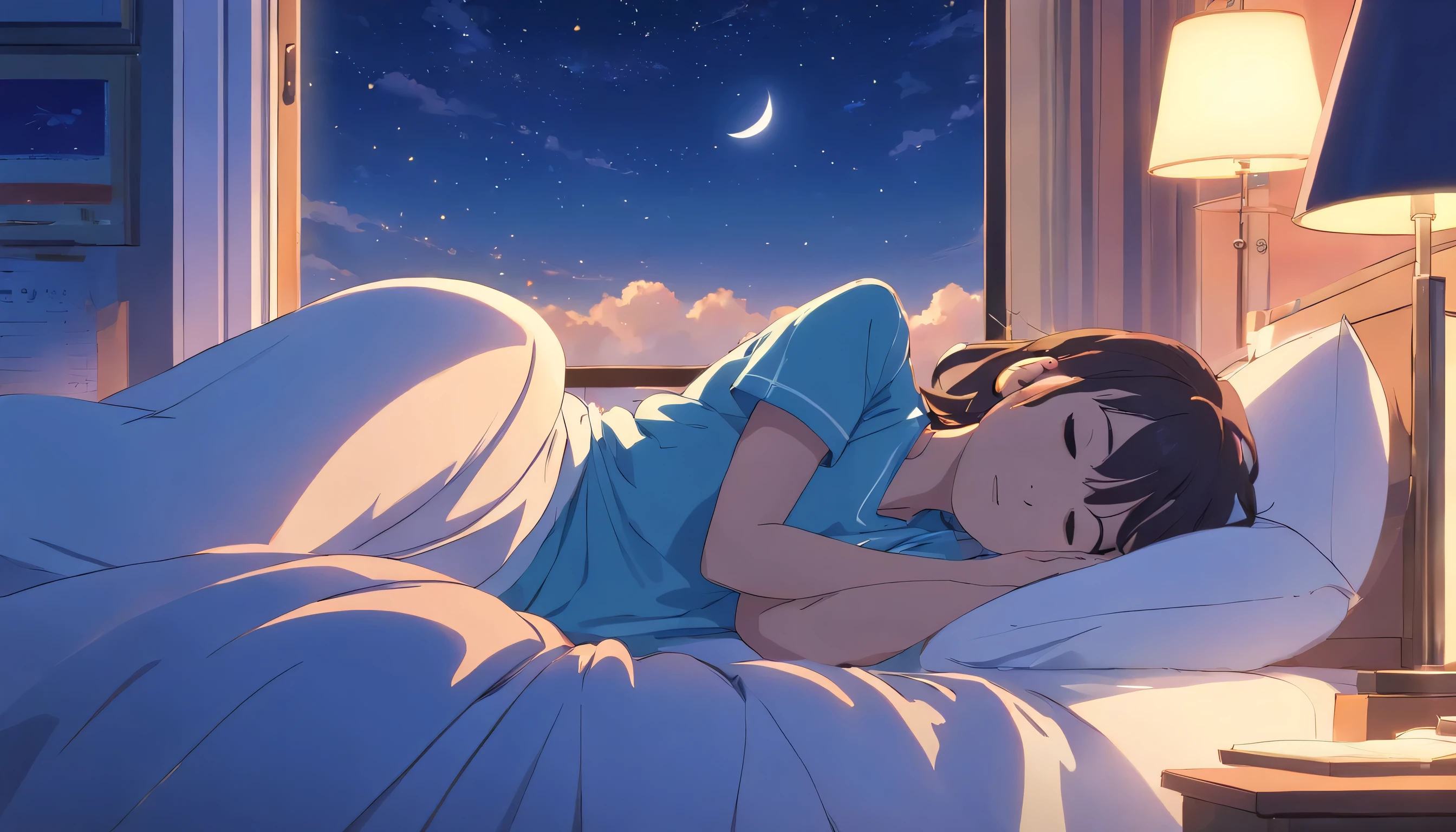 (masterpiece) a girl (woman) sleeping in bed, on her bed, wearing headphones, Window showing moon and stars, calm, peaceful, thinking, ish, color grading, Nice color coding,