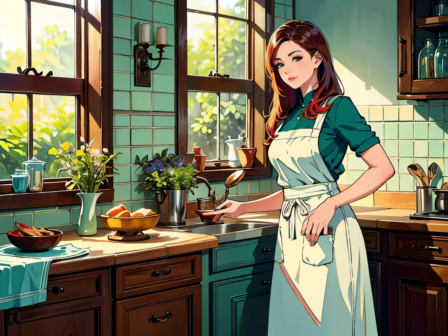 (best quality,4k,8k,highres,masterpiece:1.2),ultra-detailed,(realistic,photorealistic,photo-realistic:1.37),a woman standing in the kitchen with mint apron,beautiful detailed eyes, beautiful detailed lips, extremely detailed face, long eyelashes, medium:oil painting,vivid colors,stunning lightning,bright,homely atmosphere,shimmering countertops,sparkling stainless steel appliances,modern utensils,glass jar filled with colorful spices,freshly baked bread,dinning table set with elegant porcelain plates,hanging copper pots and pans,various cooking ingredients,aromatic herbs and spices,subtle smell of vanilla and cinnamon in the air,neatly arranged jars filled with colorful ingredients,wall covered in vintage tiles,soft natural light pouring through the window,green plants on the windowsill,sunlit,inviting atmosphere,lush green garden seen through the window,peaceful vibe,nostalgic ambiance。